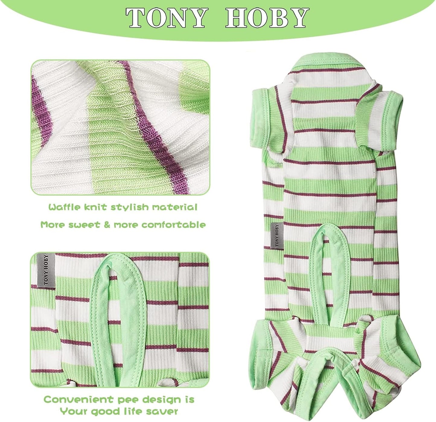 TONY HOBY Dog Pajamas, Male Dog Jumpsuit with Green Stripe, Dogs Clothes for Small Medium Size Dogs (Green&White, Boy, L)