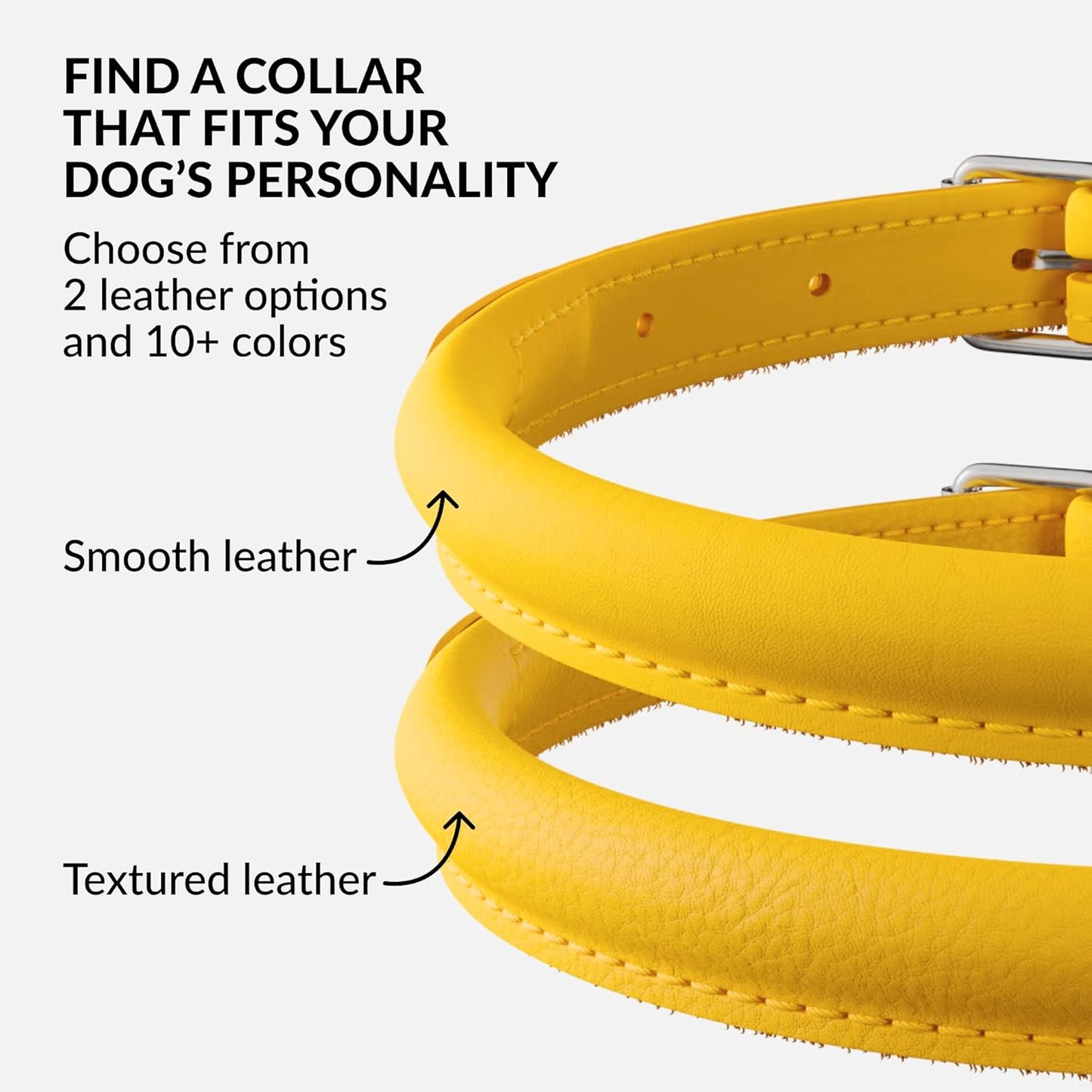 CollarDirect Rolled Leather Dog Collar, Soft Padded Round Puppy Collar, Handmade Genuine Leather Collar Dog Small Large Cat Collars 13 Colors (13-16 Inch, Yellow Smooth)
