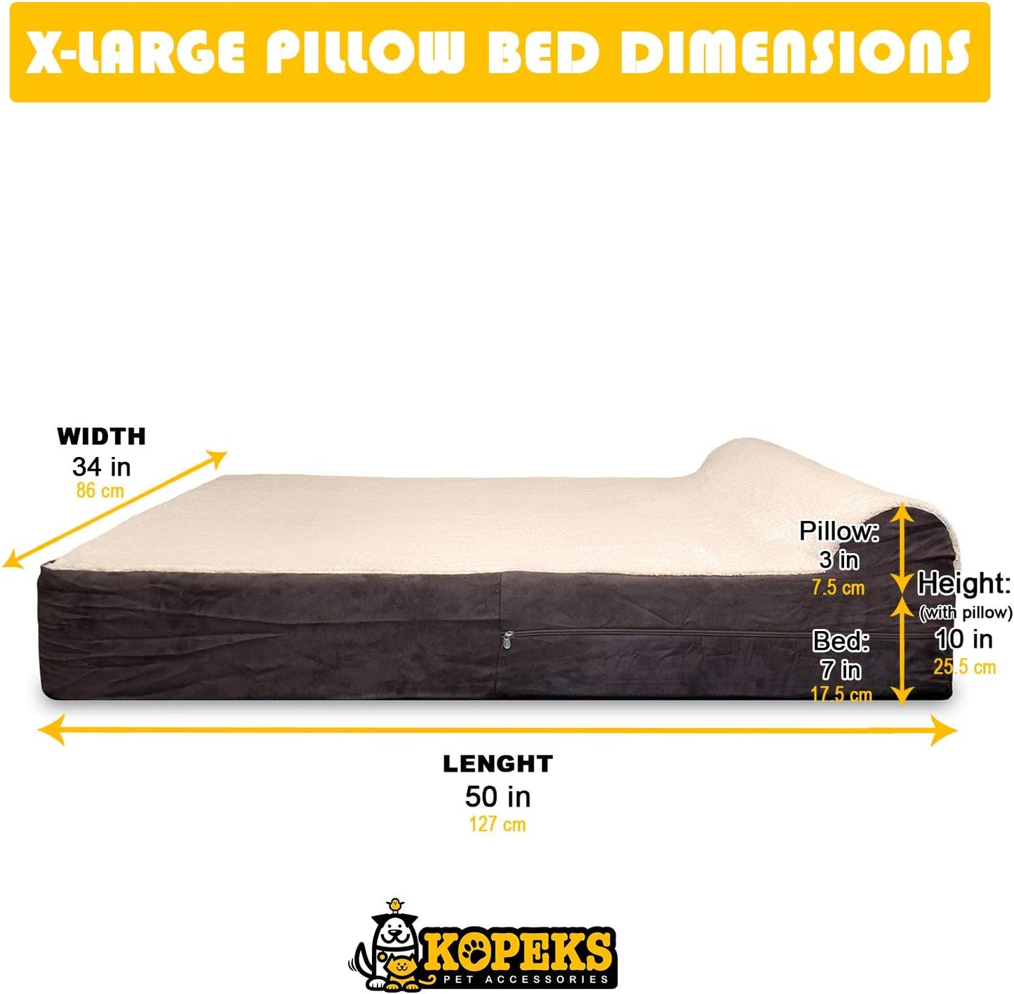 KOPEKS Jumbo Orthopedic Dog Bed - 7-inch Thick Memory Foam Pet Bed with Pillow with Removable Cover & Free Waterproof Liner - for Large Breed Dogs, XL, Brown-Plush Top