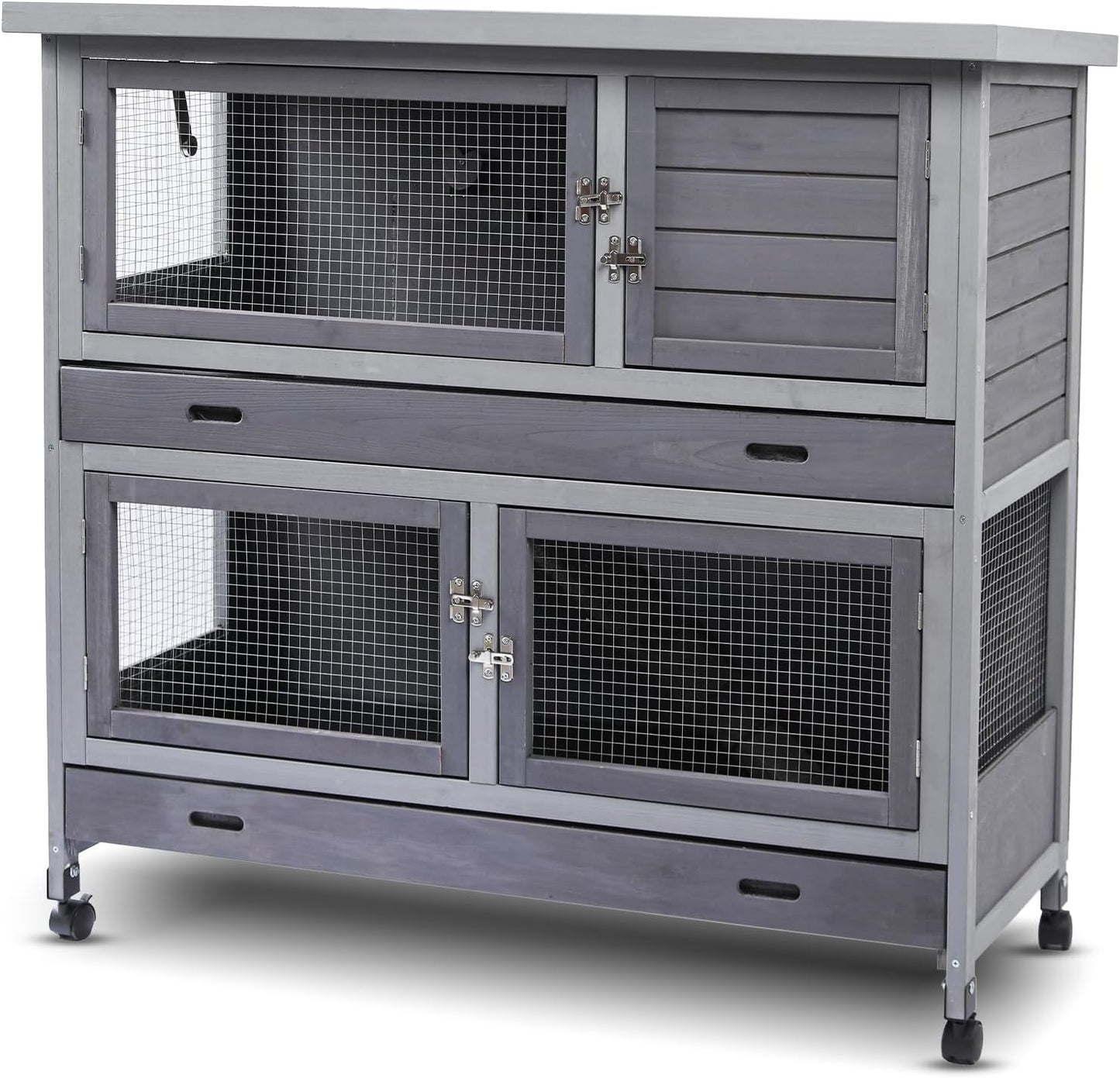 Rabbit Hutch Bunny Cage Indoor Outdoor with Wheel Deeper Tray Chew Proof Guinea Pig Cages 2 Decks Large Rabbit House with 4 Wooden Doors Weatherproof 41.3" L*17.3" W*41.3" H