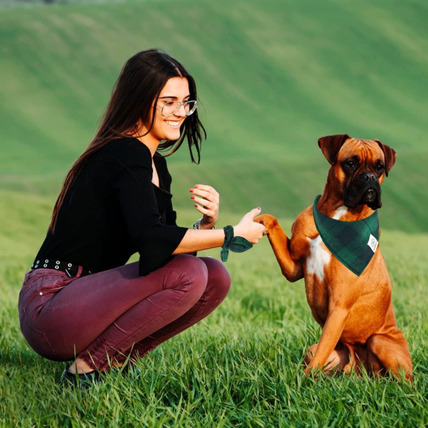 E-Clover Summer Dog Bandanas Boy & Matching Scrunchie Set Plaid Dog Bibs Scarf Triangle Kerchief Bandana for Medium Large Dogs Birthday Gifts Pet Owner Mom Green