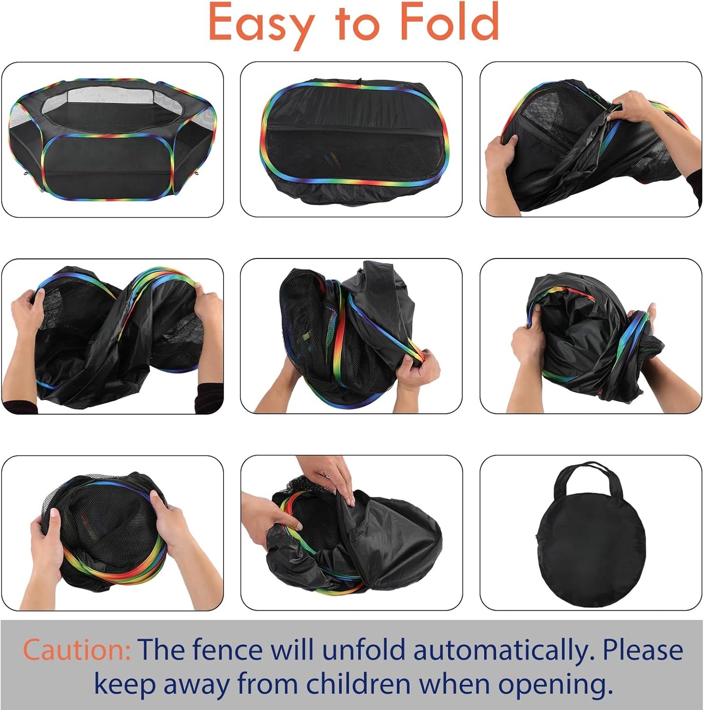 Pawaboo Small Animals Playpen, Waterproof Small Pet Cage Tent with Zippered Cover, Portable Outdoor Yard Fence with 3 Metal Rod for Chick/Kitten/Puppy/Guinea Pig/Rabbits/Hamster, Black + Rainbow
