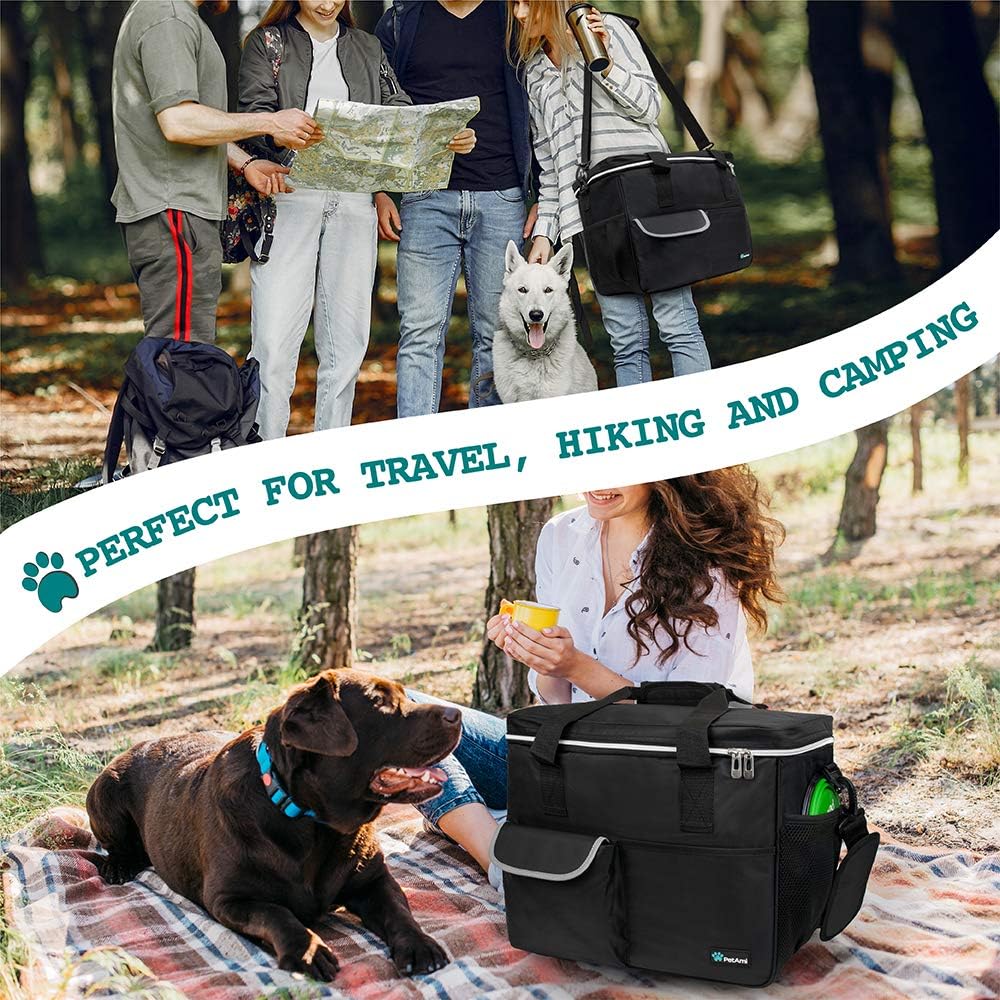 PetAmi Dog Travel Bag - Organizer with Food Container, Bowls & Accessories for Weekend Camping, Cat Diaper Bag (Black, Large)