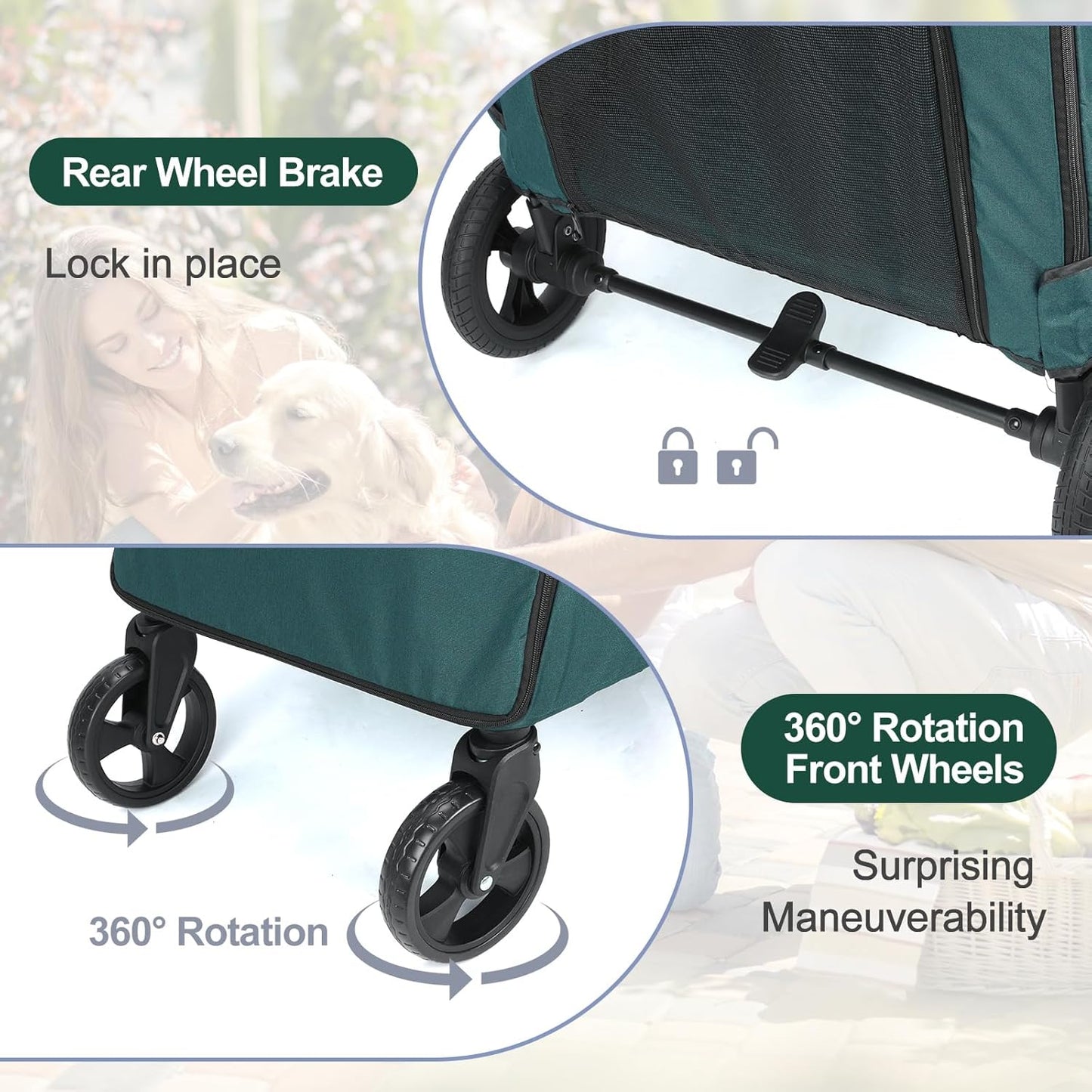 Large Dog Travel Stroller with 4 Heavy Duty Wheels Pet Stroller with Adjustable Handle - Double Doggie Capacity Jogger Wagon with Back Front Door for Small Medium Large Dogs (Dark Green-C)