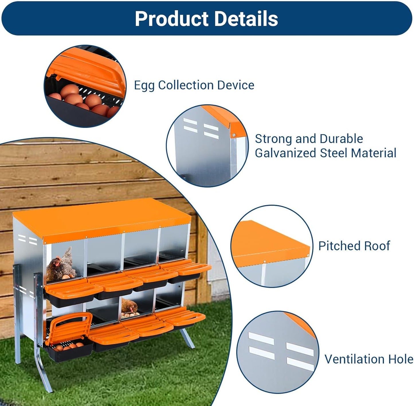 Chicken Nesting Box, 8 Hole 2 Layer Hen Nest Boxes with Legs, Roll Away Eggs Laying Boxes,Cleanable Pull Out Hen Roosting Boxes