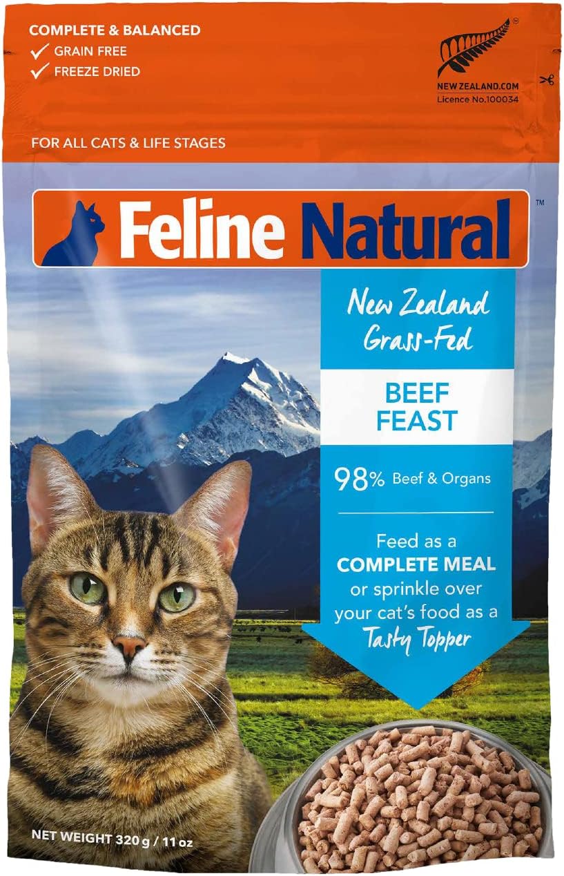 Feline Natural High Protein Dry Cat Food, Freeze-Dried Diet with 98% Meat, Organs & Seafood, No Peas, Grains, or Artificial Additives, Made in New Zealand, Beef, 11oz