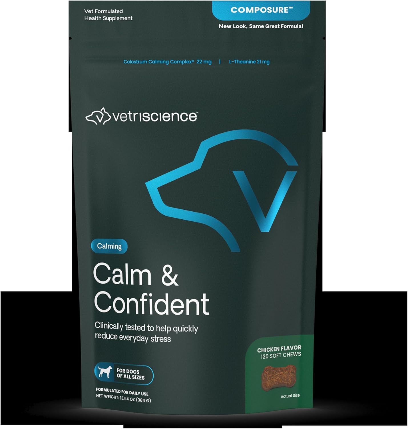 VetriScience Calm & Confident Chews, Composure Clinically Tested Calming Supplement for Dogs, Reduce Stress & Fear, Ideal for Thunderstorms, Fireworks & Travel, Chicken, 120 Count - New Look