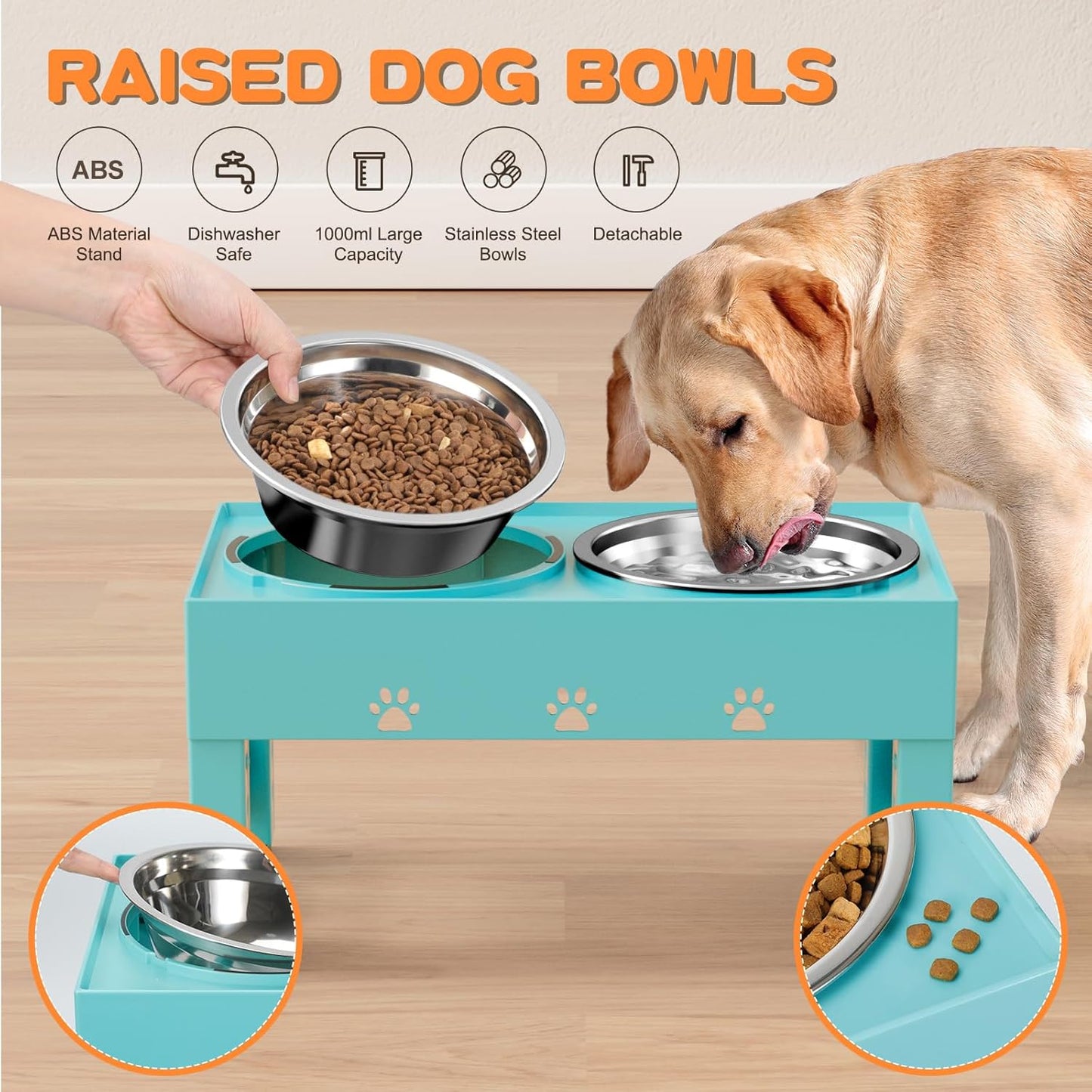 Elevated Dog Bowls with 2 Stainless Steel Bowls, Raised Dog Food Bowl Stand 5 Height Adjustable (3.1", 9", 10", 11", 12") Non-Slip Feeder Set for Medium and Large Dogs - Turquoise