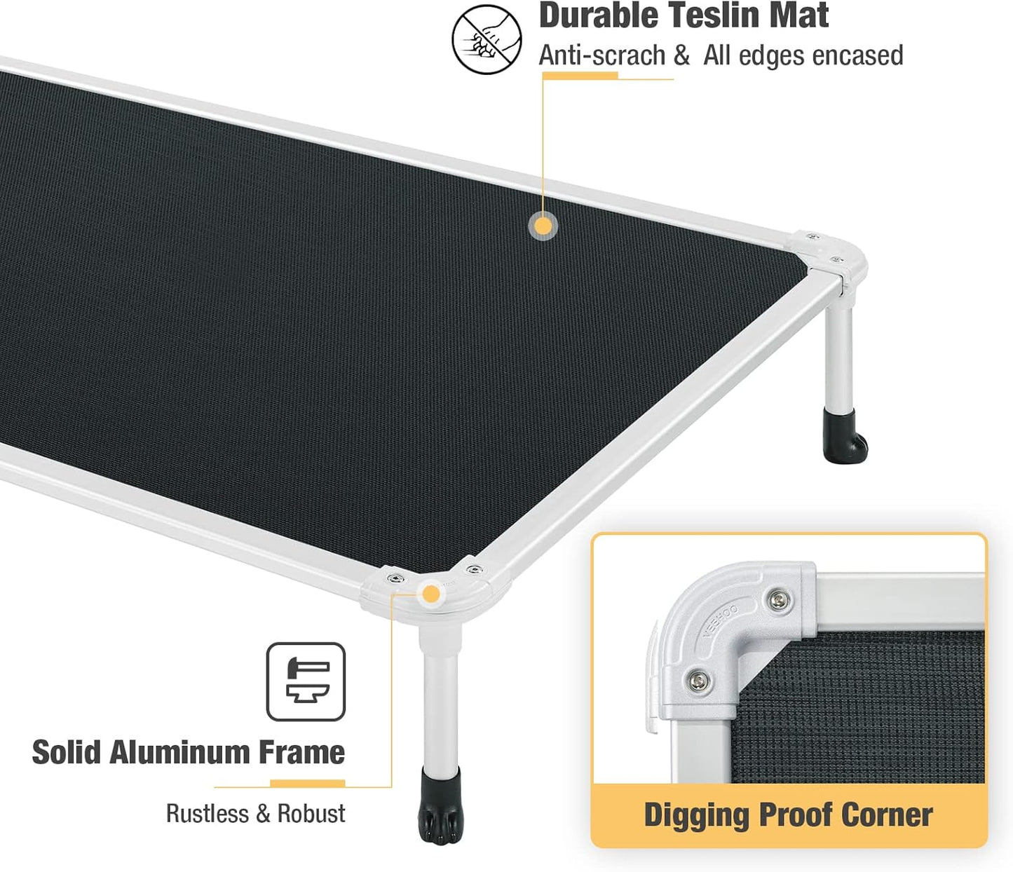 Veehoo Chew Proof Elevated Dog Bed - Cooling Raised Pet Cot - Silver Aluminum Frame and Durable Textilene Mesh Fabric, Unique Designed No-Slip Feet for Indoor or Outdoor Use, Black, X-Large, CWC2003