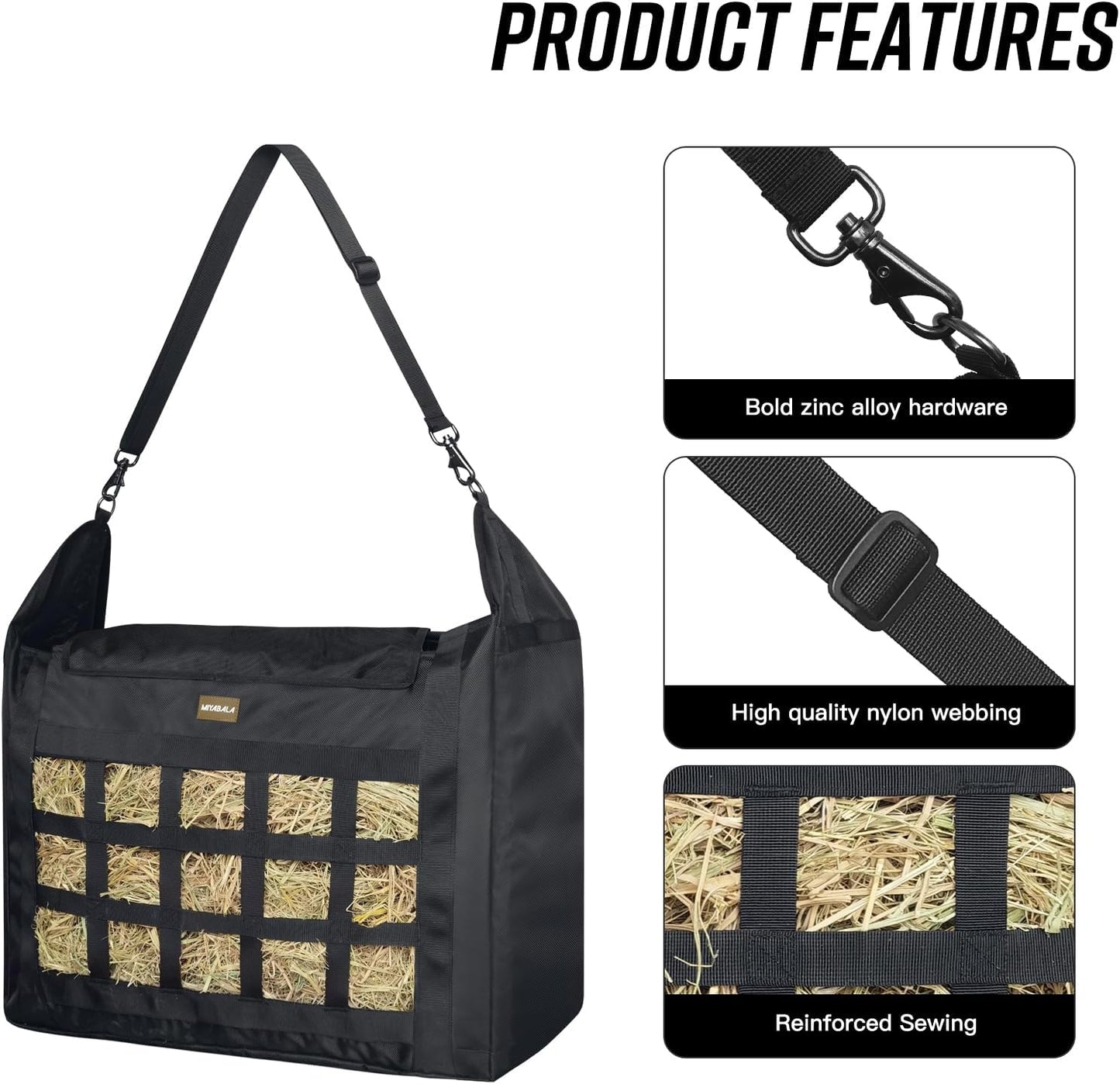 Hay Bag for Horses,Slow Feeder for Horse/Donkey/Goat, Premium 1680D Oxford Cloth,Easy to Fill and Hang with Extra Large Opening（Black）