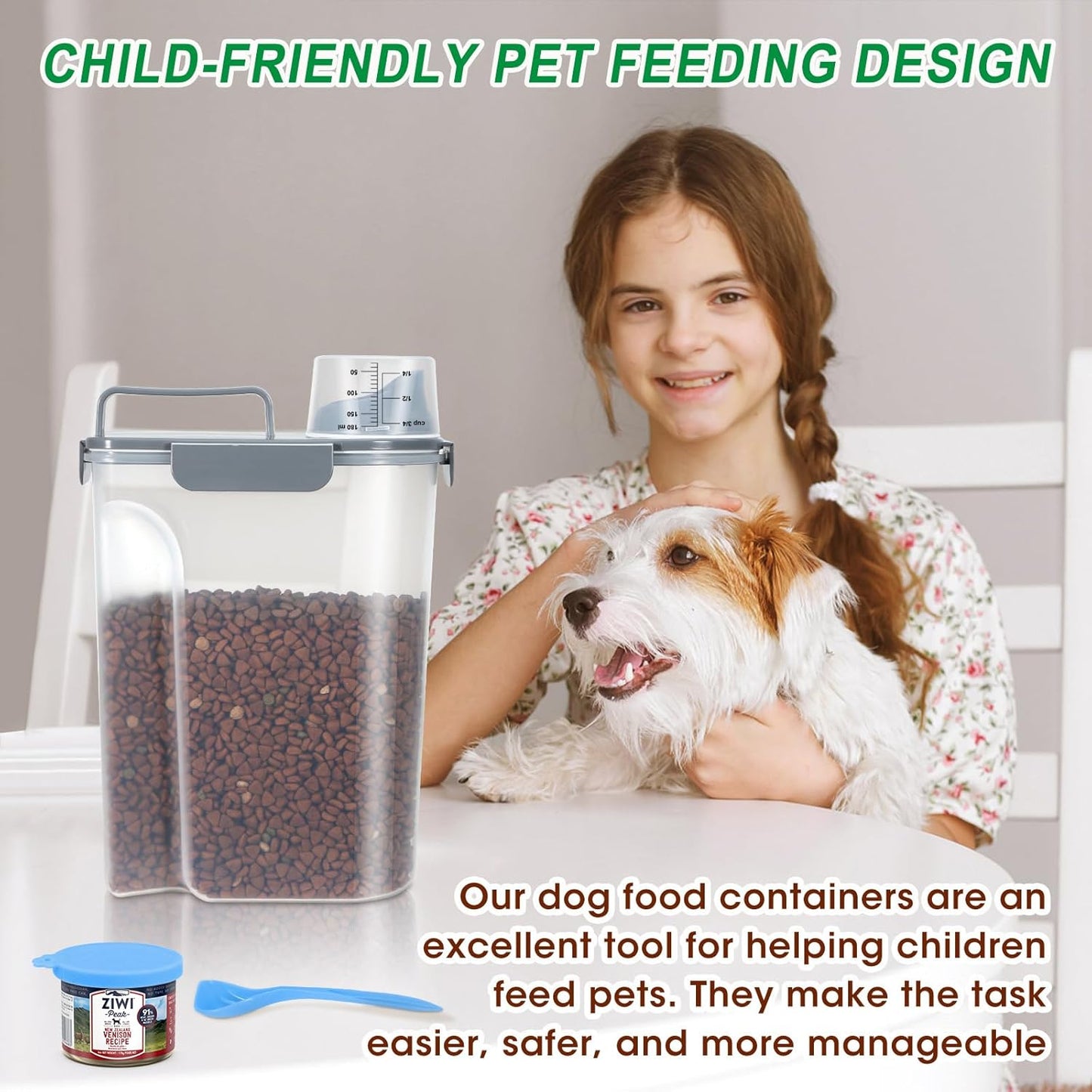 TBMax Pet Dog Cat Food Storage Container 5 to 7 lbs with Can Cover and Mixing Spoon, Airtight Pet Food Storage Dispenser with Large Spout & Measuring Cup for Kibble Dog Treat Bird Seed Container