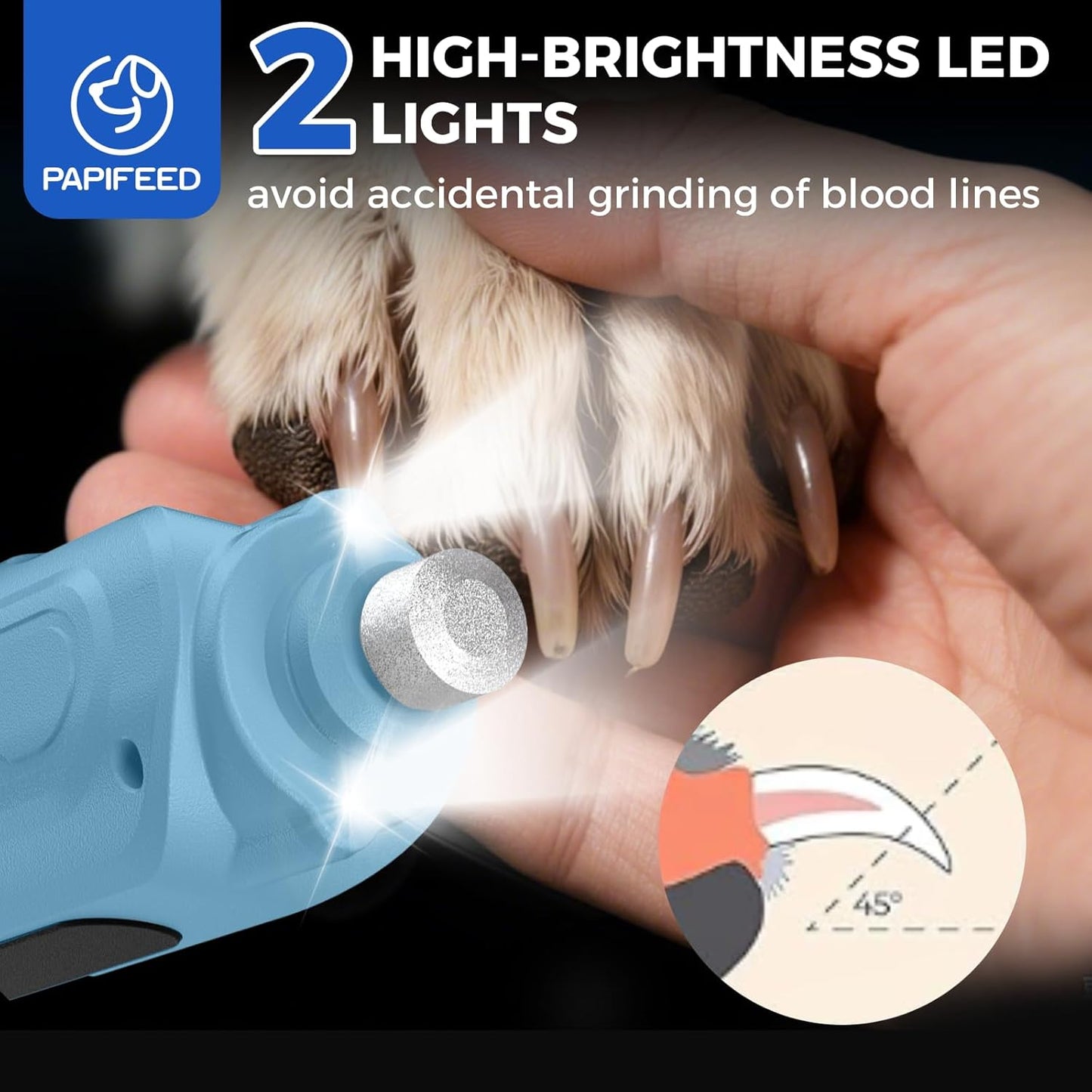 PAPIFEED High Torque Dog Nail Grinder Quiet - 6-Speed Adjustable Pet Nail Trimmer with 2 LED Lights & Dust-Proof Cover, Powerful Motor for Large/Medium/Small Dogs & Cats, Rechargeable - Dark Blue