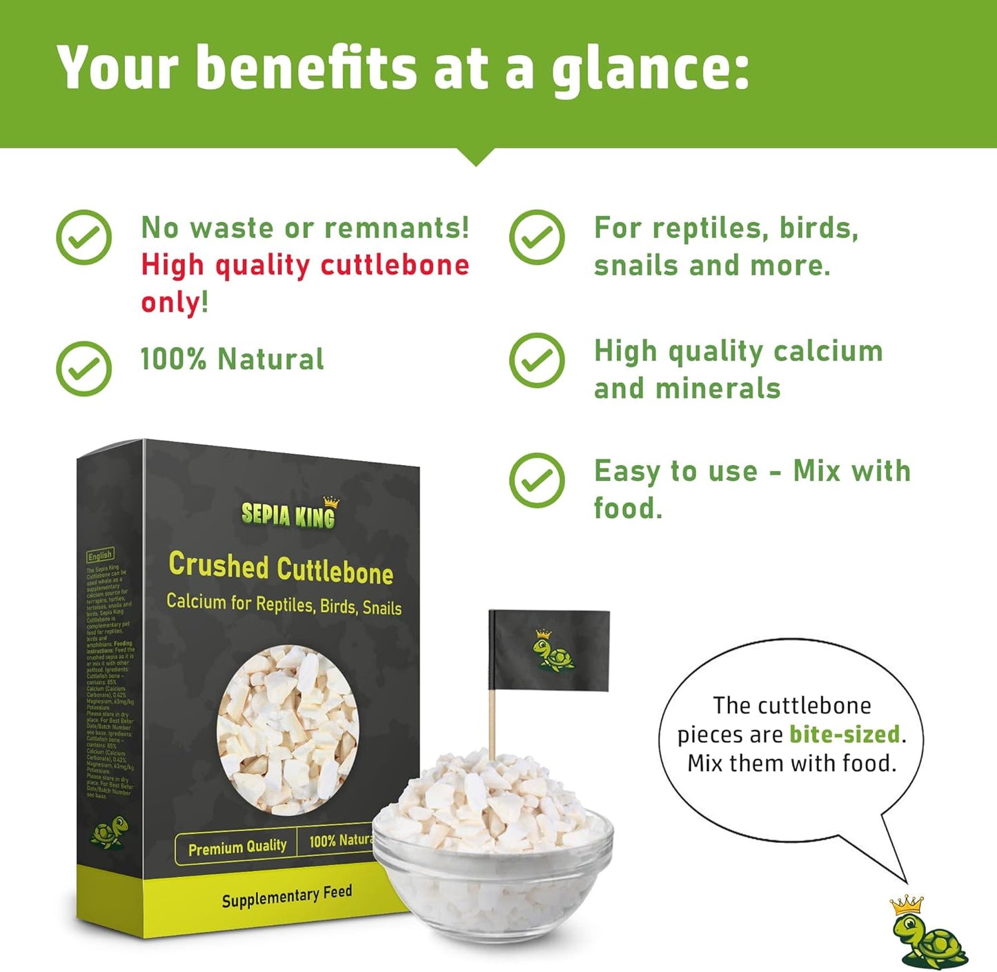 Crushed - 100% Natural Calcium Supplement - Premium Cuttlebone Perfect for Birds, Tortoises, Snails, Reptiles - 3.5 oz