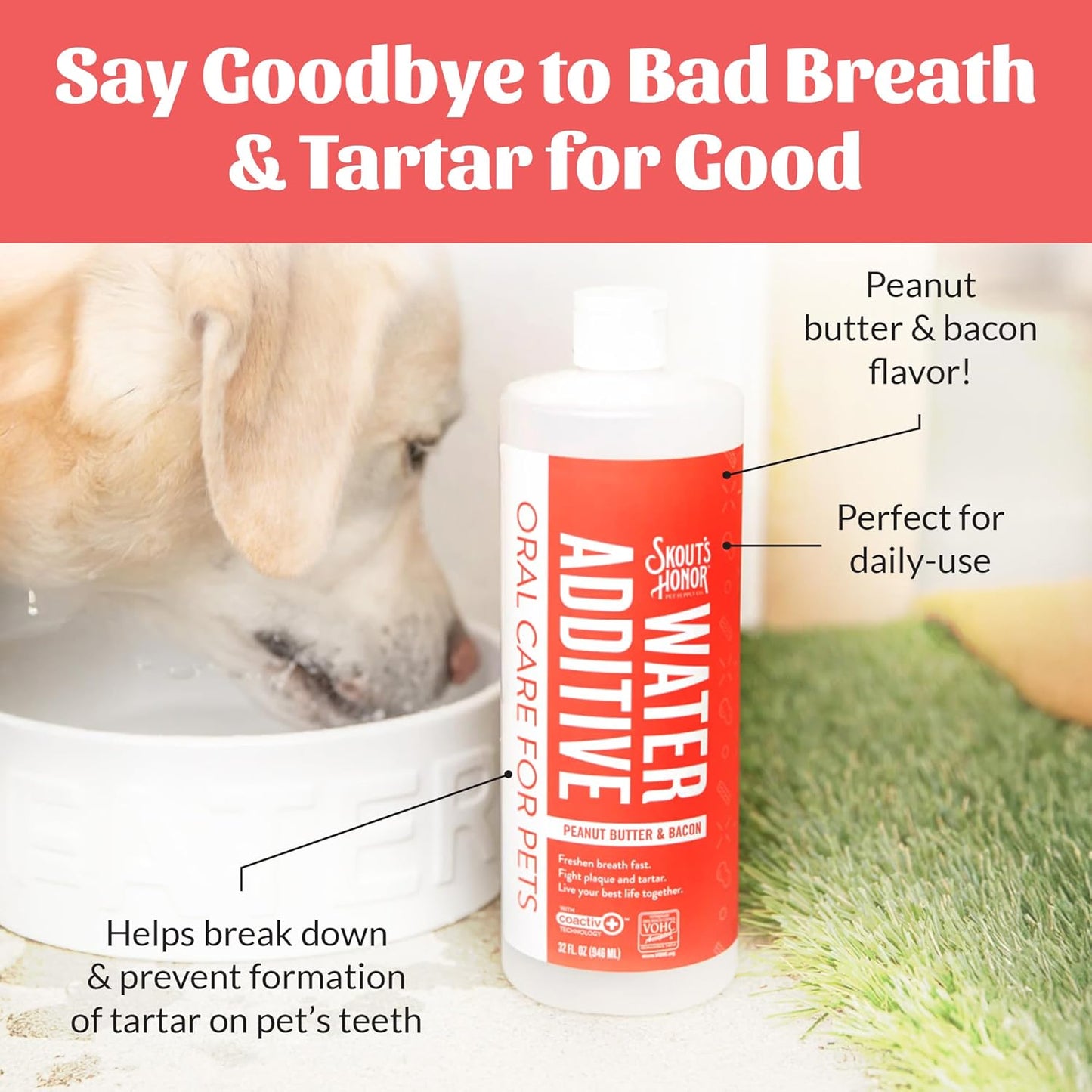 SKOUT'S HONOR Peanut Butter & Bacon Water Additive - VOHC Accepted for Tartar Control, Freshens Breath Fast, No Brushing Required, 32 oz
