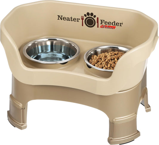 Neater Feeder Deluxe Mess Proof Dog Bowls Elevated Medium Sized Dogs (19-40 lbs) Made in USA, No Spill Raised Dog Food Bowl Stand w/Leg Extension, Stainless Steel Food and Water Bowl Set, Cappuccino