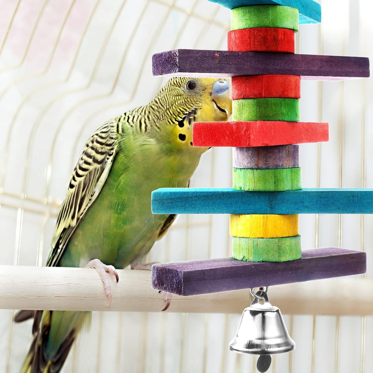 JaGely 4 Pcs Bird Parrot Toys with Multicolored Natural Wood Blocks, Bird Chew Toys for Large Medium Parrots Macaws Lovebirds Doves Cockatiels Conures Parakeets Chewing Biting Foraging, 2 Designs