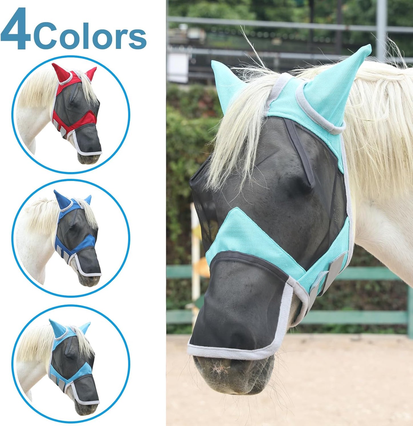 Horse Fly Mask with Ears & Long Nose Cover | Forelock Opening for Tangle-Free Mane Care | UV Protection & Breathable Mesh | No Rub Fit and Enhanced Visbility for Trail Riding Turquoise Pony