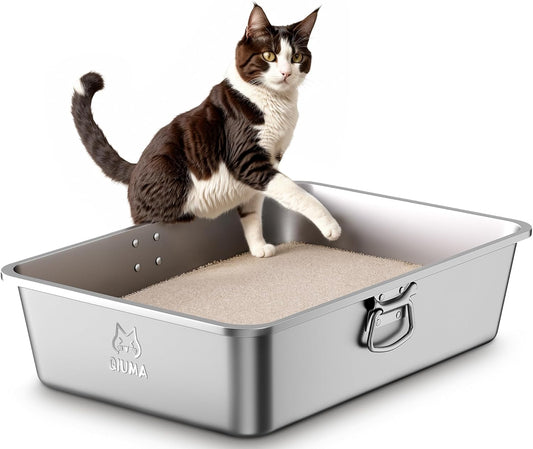 Stainless Steel Litter Box with Handle, Large Metal Cat Litter Box with High Sided for Big and Small Cats, Kitty Litter Boxes, Non-Stick, Easy to Clean, Odor-Free, Cat Toilet，Litterbox