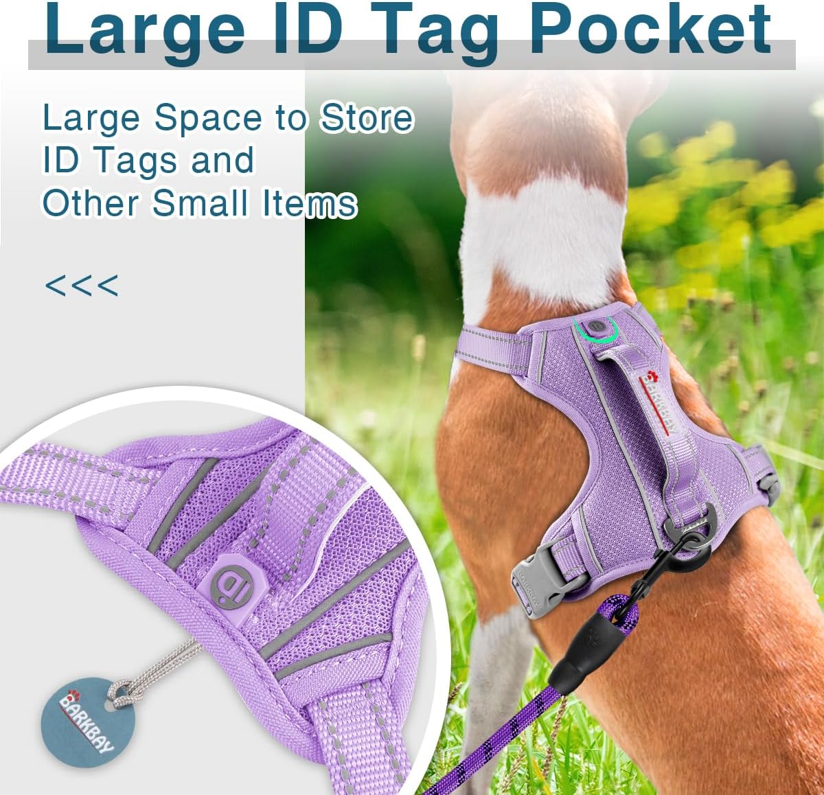 BARKBAY Dog Harness No Pull with ID Tag Pocket - Heavy Duty, Reflective, Easy Control for Large Dogs(Violet Purple,M)