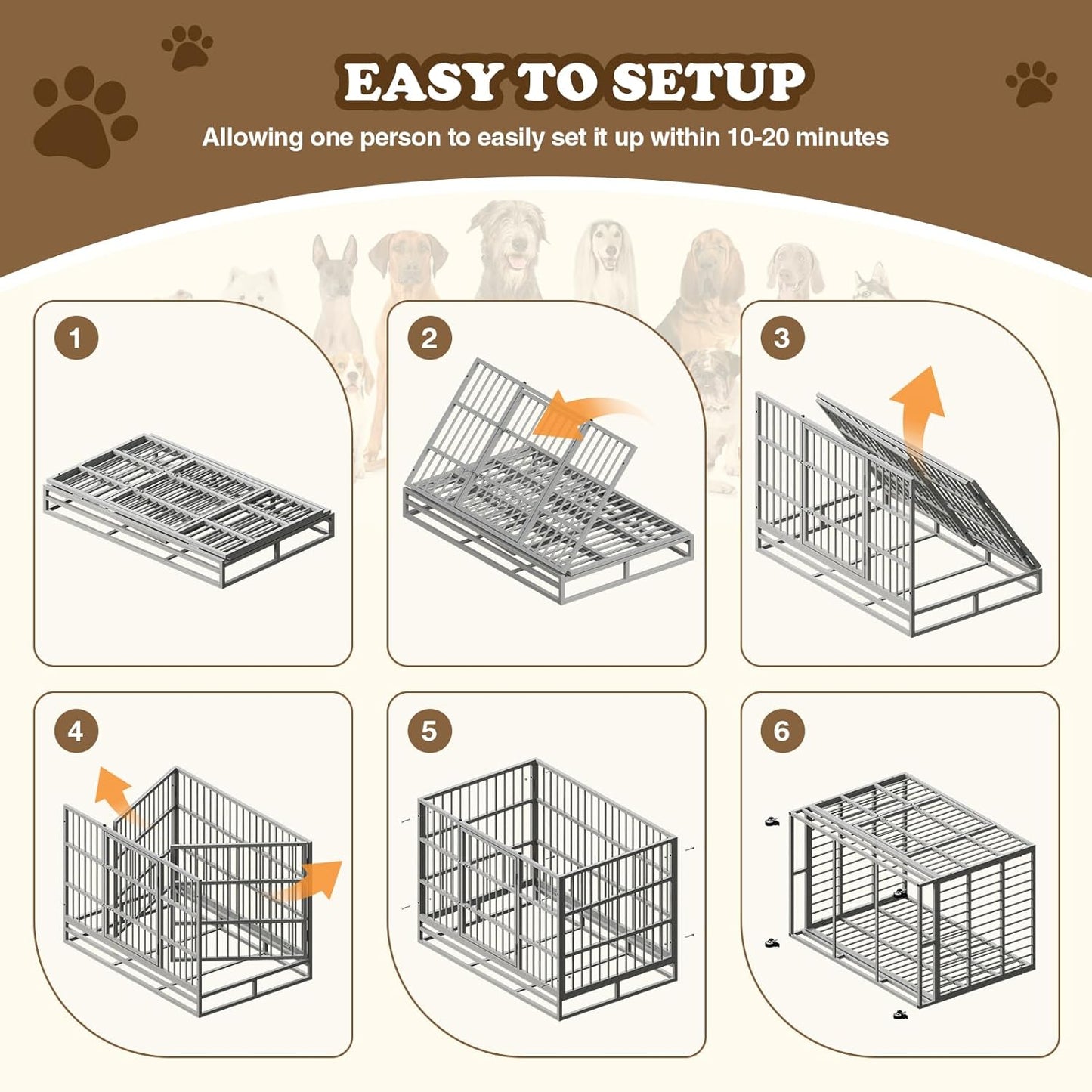 Dog Crate with Removable Tray, 37/42/46 Inch Indestructible and Escape Proof Steel Dog Cage Kennel for High Anxiety Dogs, Heavy Duty Dog Crate with Wheels, Double Door, Extra Large XL XXL