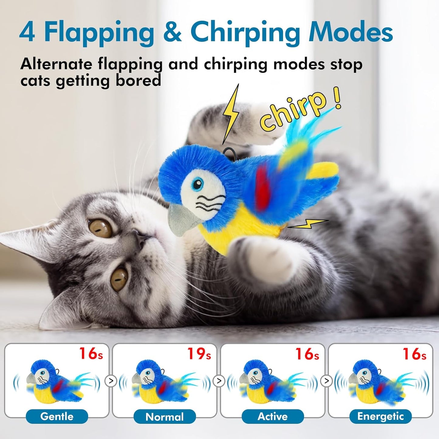 Vannon Cat Toys Flapping Bird(Cannot Fly), Rechargeable Touch Activated Kitten Toy Interactive Cat Exercise Toys with Catnip and Feather for Indoor Cat - Bule