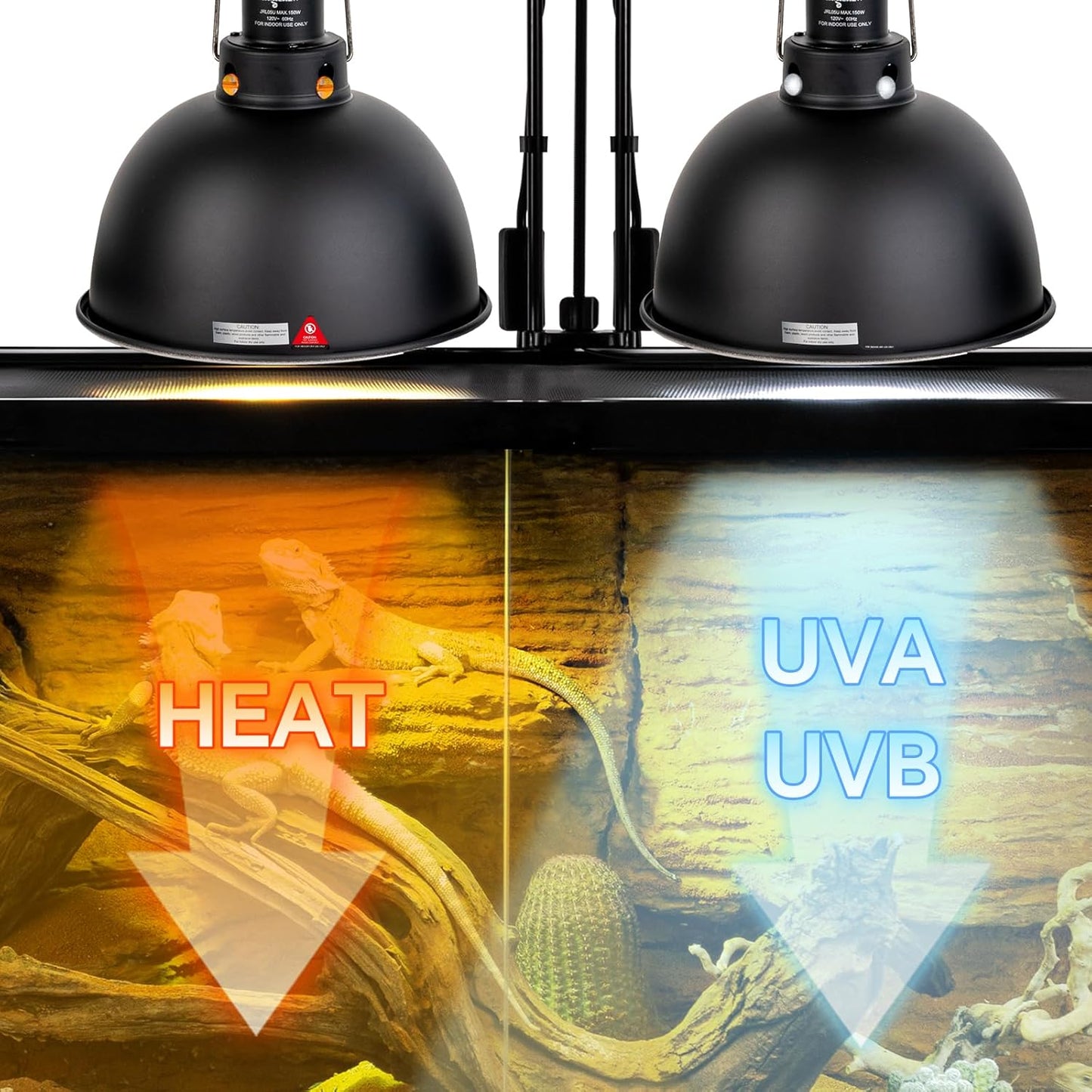 2 Pack Reptile Light Fixture, 8.5in Deep Dome Reptile Lamp Fixture, Optical Reflection Cover, Separate Switch & Hook, Terrarium Light Fixture for Reptile Heat Basking UVB Bulbs, 150W, Black