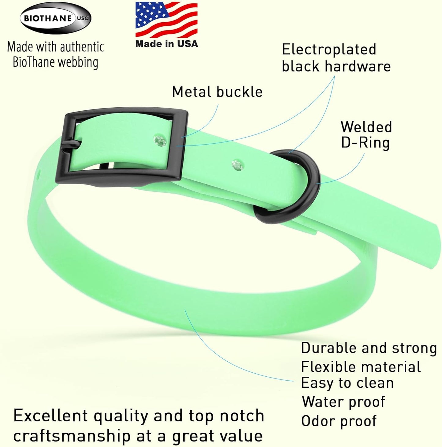 Dogline Biothane Waterproof Dog Collar Strong Coated Nylon Webbing with Black Hardware Odor- Proof for Easy Care Easy to Clean High Performance Fits Small Medium or Large Dogs, Sea Foam Green