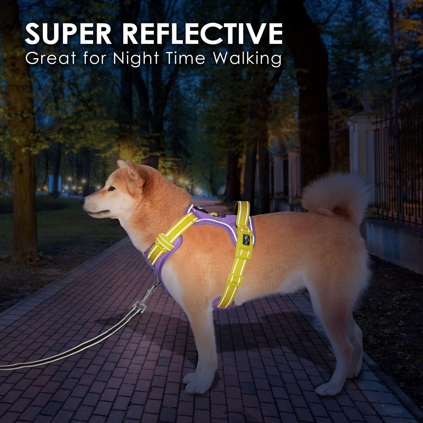 PHOEPET No Pull Dog Harness, Unique Colors Reflective Adjustable Dog Vest, with Soft Training Handle Metal Clips for Small Medium Large Dogs (Baby Purple Base & Yellow Straps,M)