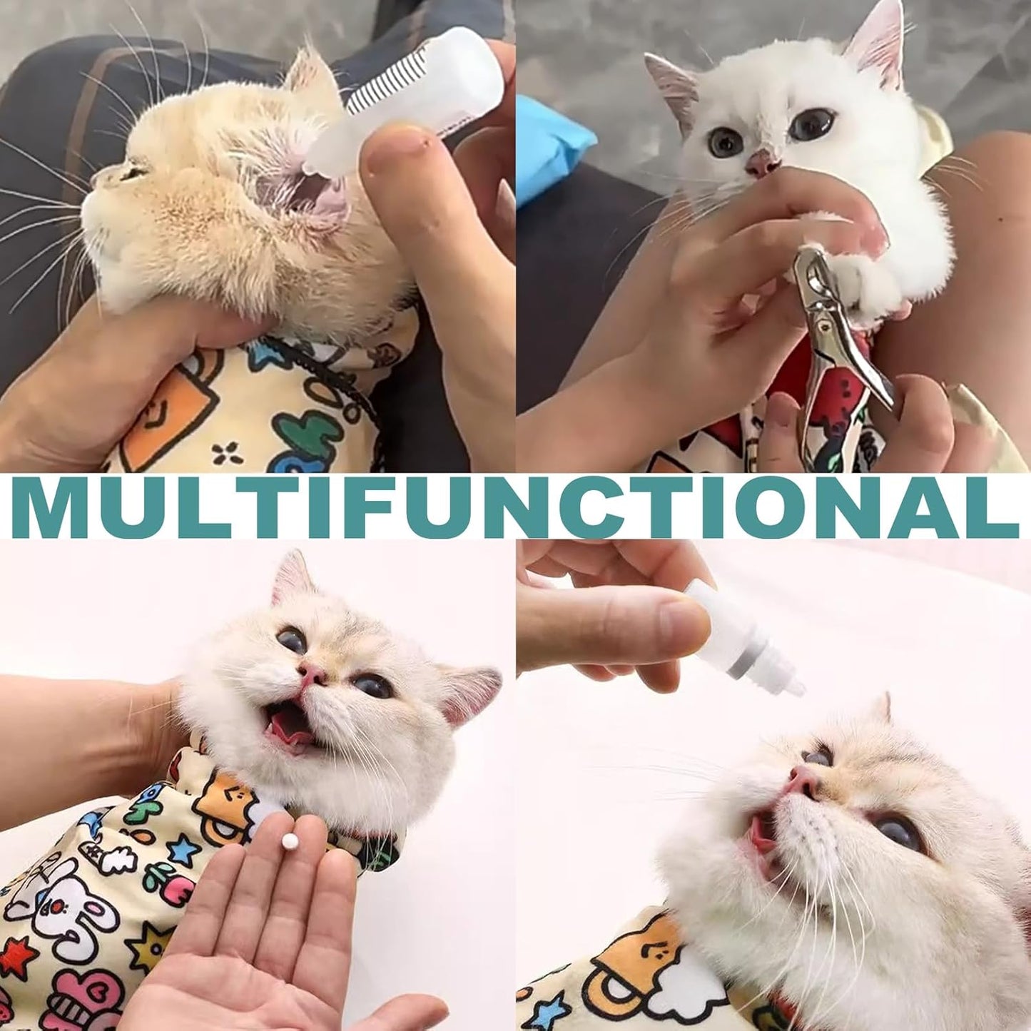 Cat Grooming Wrap, 2pcs [XL] Cat Restraint Wrap for Nail Clipping, Ear Cleaning, and Teeth Brushing, Self-Adherent, Anti-Bite, Anti-Scratch, Anti Scratch, Cow White+Colorful Graffiti