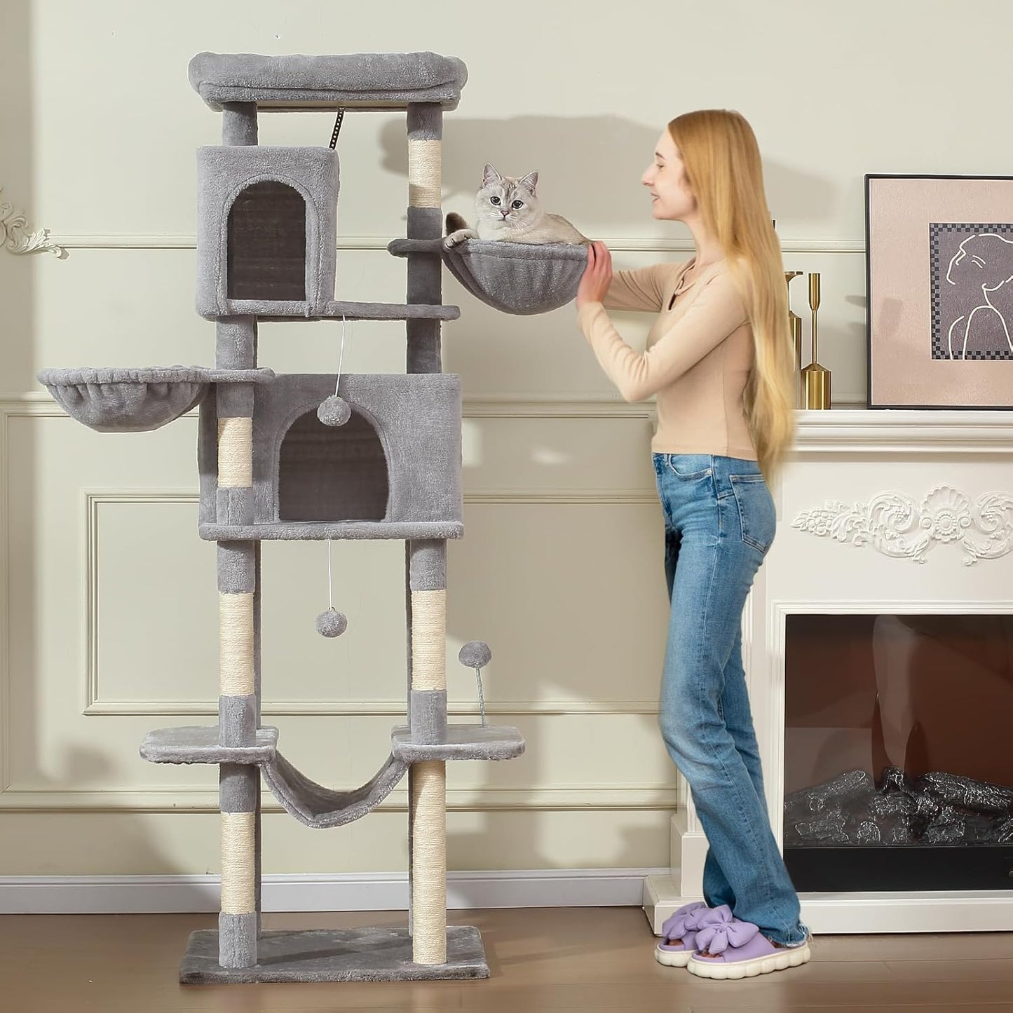 70-Inch Cat Tree,Large Cat Tree Tower with Hammock, Scratching Post, Condo and Multi-Level Cat Tower for Large Cats, Cat Activity Center Playhouse, Light Gray LCT016