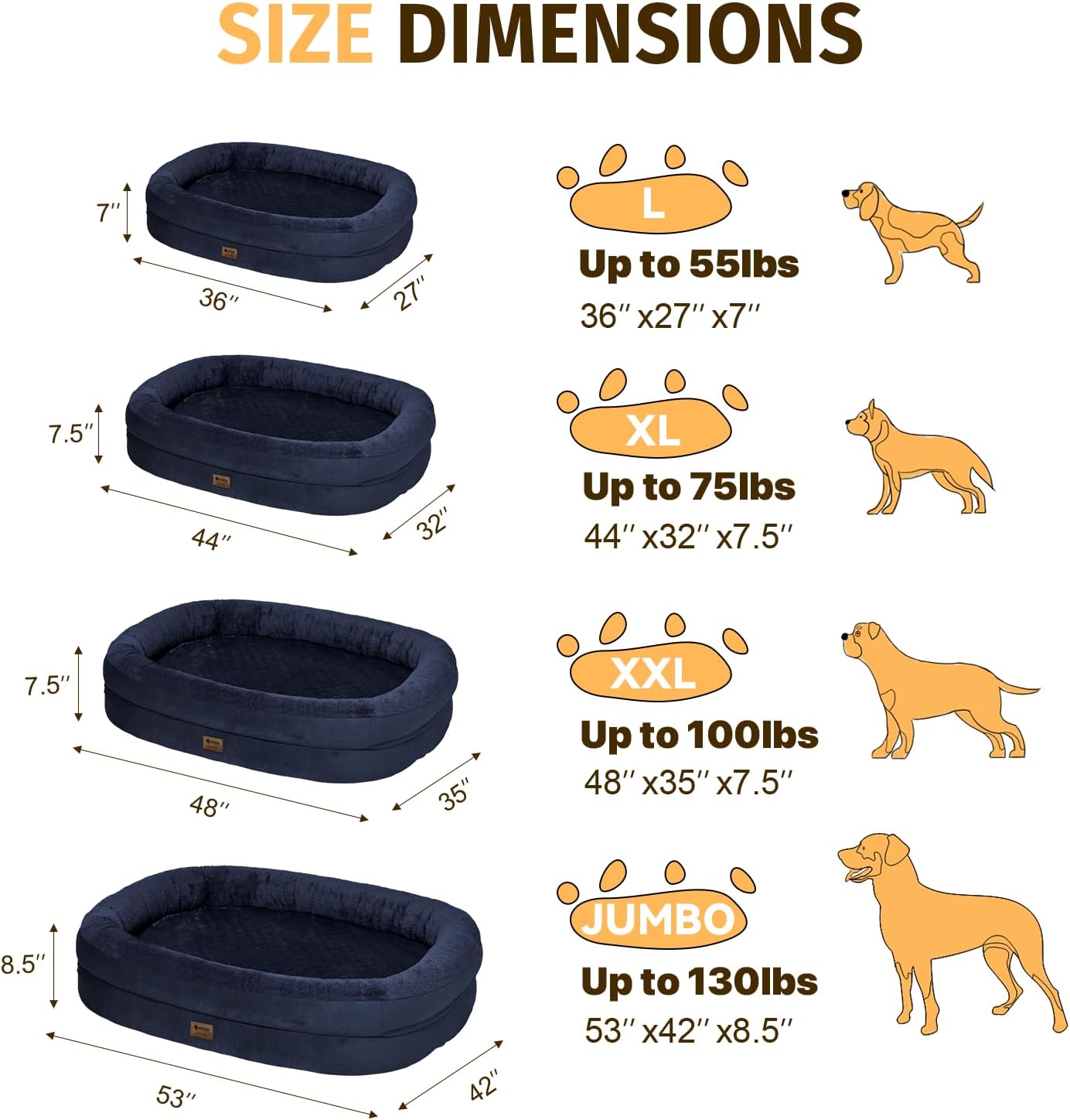 Orthopedic Waterproof Large Dog Bed: Memory Foam Washable Dog Bed with Bolsters - XXL Orthopedic Removable Cover for Medium Large Sized Pet - Non-Slip Bottom - Navy