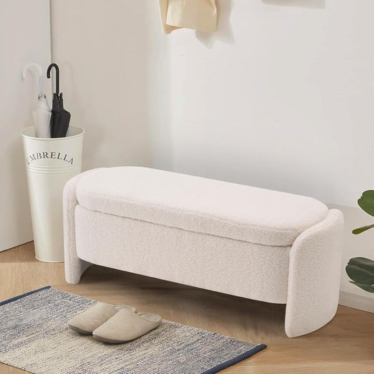 47.6 Inch Lamb Fleece Oval Storage Bench Upholstered Ottoman Bench with Storage, Bedroom Bench with Large Storage Space, for Bedroom Living Room Entryway, Beige