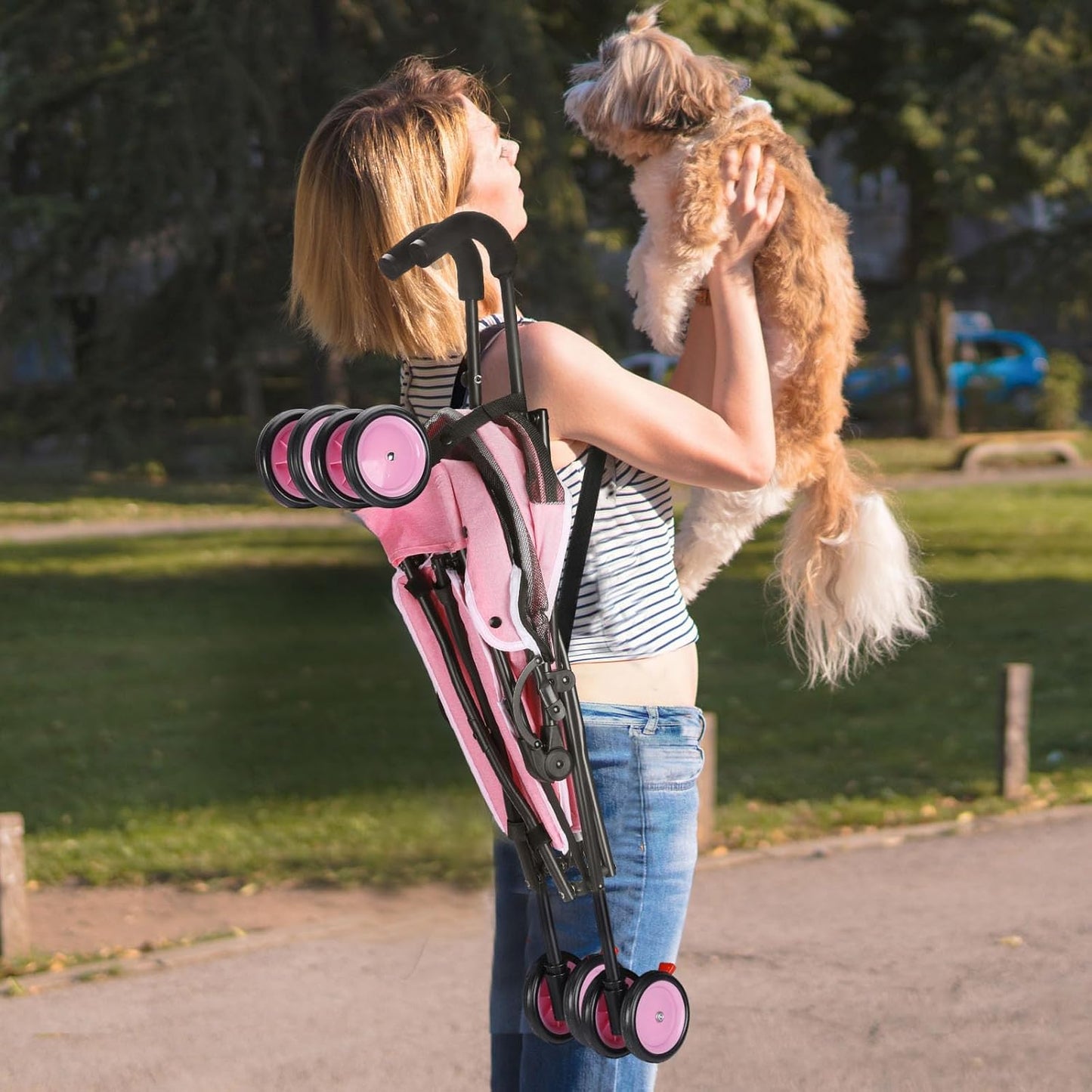 Umbrella Dog Stroller, 4 Wheels Pet Strolling, Foldable Carrier Pet Stroller for Small Dogs Cats, with Carrying Strap and Cup Holder, Dog Poop Bags & Dispenser, Up to 33 lbs, Pink