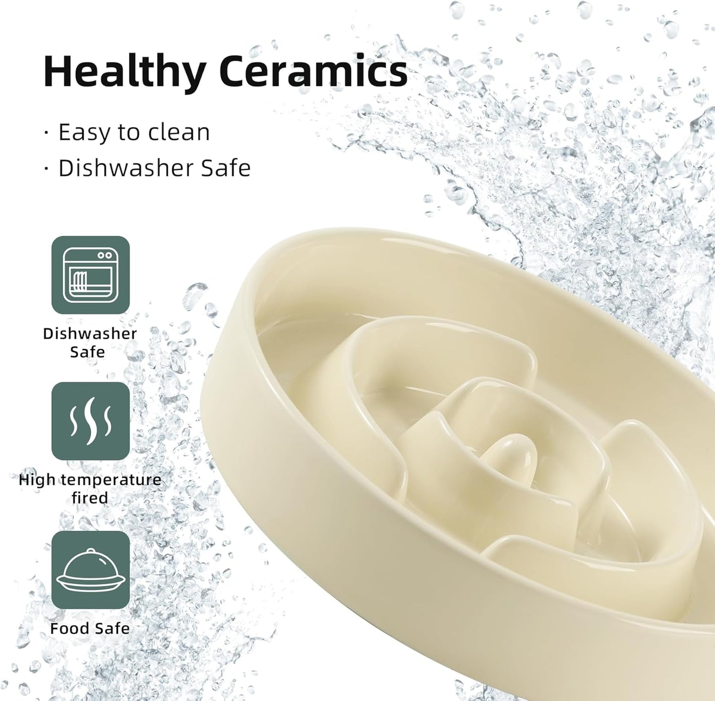 9.5inch Ceramic Raised Slow Feeder Dog Bowl Set, Elevated Bowl with Wooden Stand for Large Dog, Puzzle Slow Pet Food Dish, Anti-Gulping(Beige, Single Bowl+ Stand)