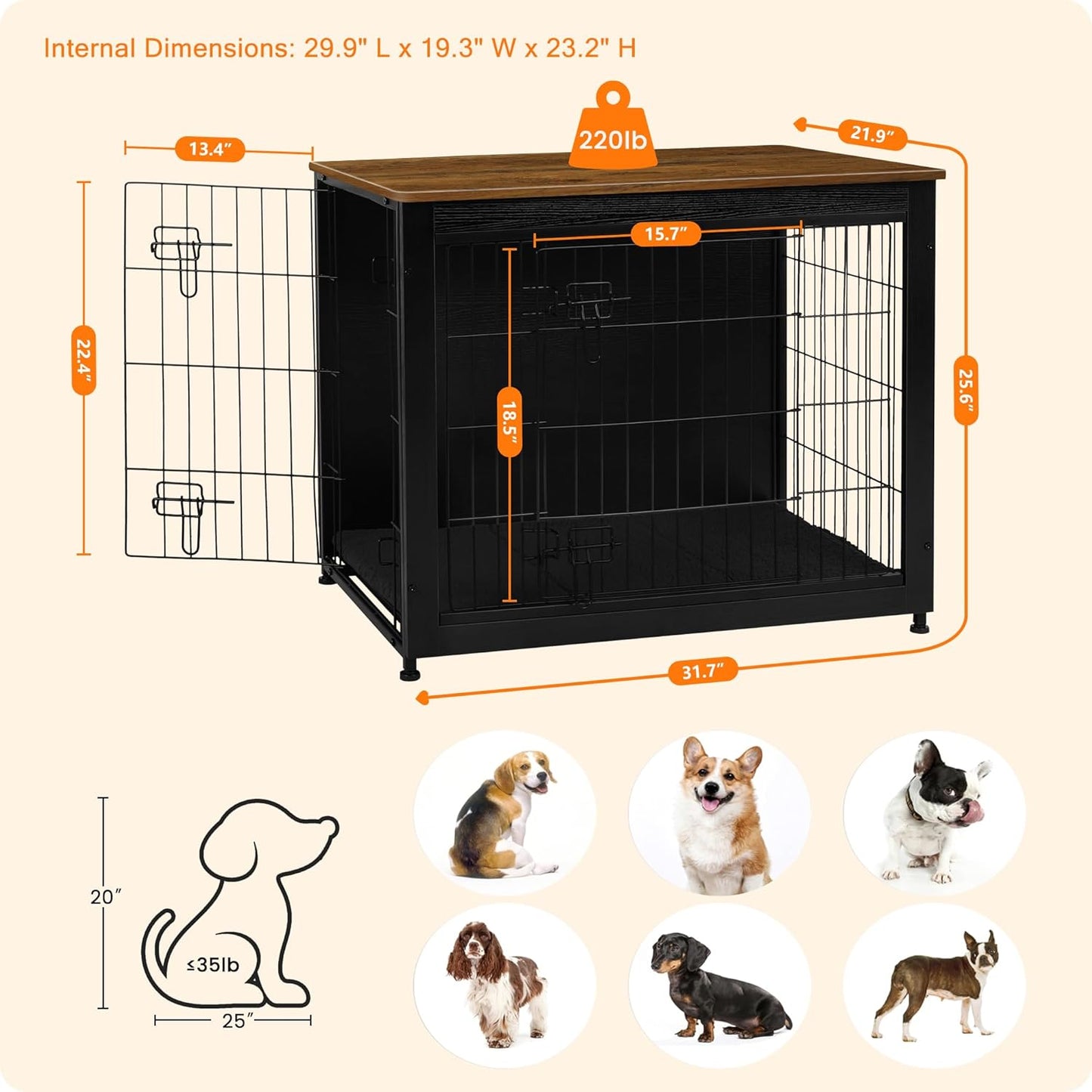 DWANTON Dog Crate Furniture with Cushion, Wooden Kennel Table with Double Doors, Indoor Dog House, Medium Size, 32.5" L, Black+Warm Brown