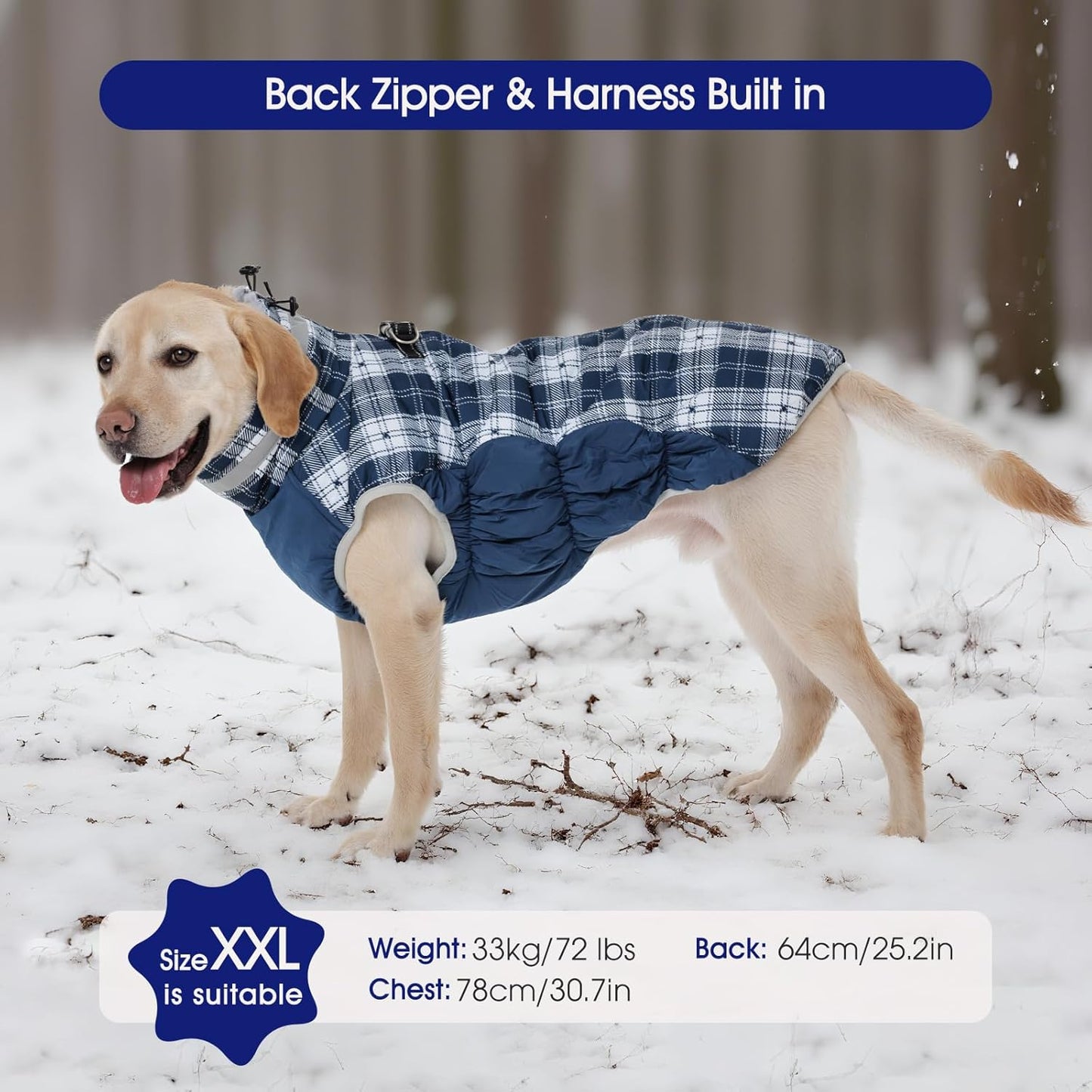 FUAMEY Dog Coat for Large Dogs,Waterproof Dog Winter Jacket with Harness Built in Puppy Cold Weather Coats Reflective Pet Vest with Zipper Warm Fleece Dogs Snowsuit Windproof Blue Plaid 2XL