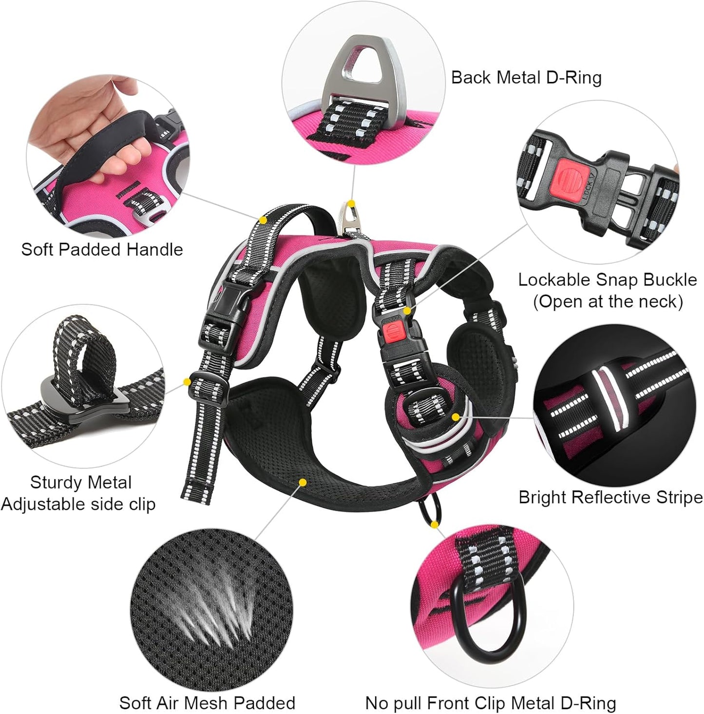 Timos Dog Harness, 3 Snap Buckles No-Pull Soft Padded Dog Vest with 2 Metal Leash Clips, Adjustable Reflective No Choke Pet Harness with Easy Control Handle for Extra Large Dogs,Rosy,L