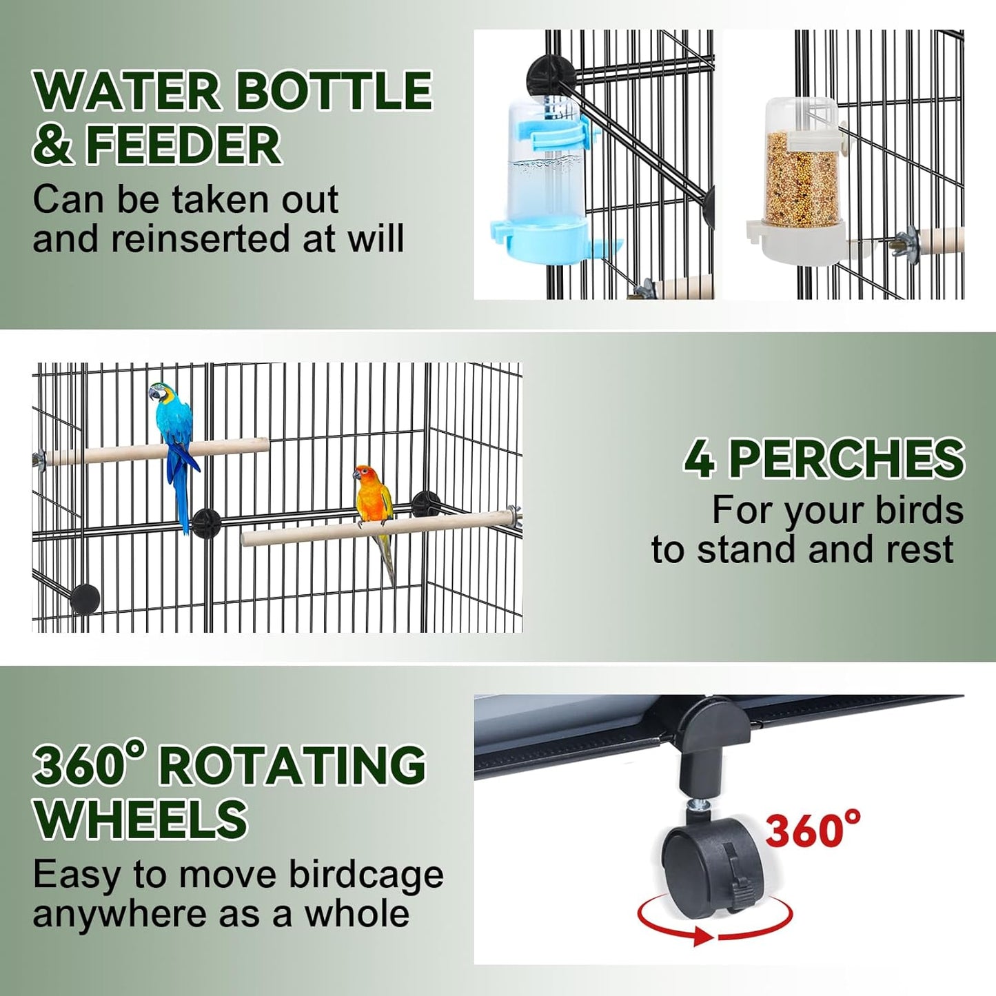 46-Inch Bird Cage, with Wooden Perches, Metal Parakeet Cage with Slide-Out Tray, Water Bottle & Feeder, Bird Cages for Parrot, Parakeets, Cockatiel, Lovebird, Pigeon and Small Mid-Sized Birds