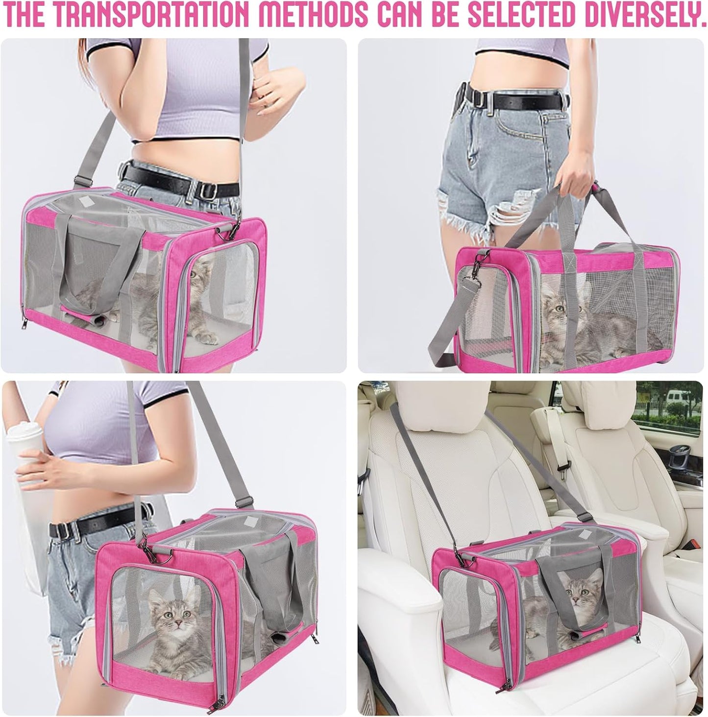 Pet Carrier for Large Cats of 20 Lbs, Collapsible Carrier Bag for Big Cat or 2 Kittens,Soft Sided Puppy Carrier with Sturdy Travel Transport Strap, Adequate Ventilation, 4 Mesh Windows (Pink)