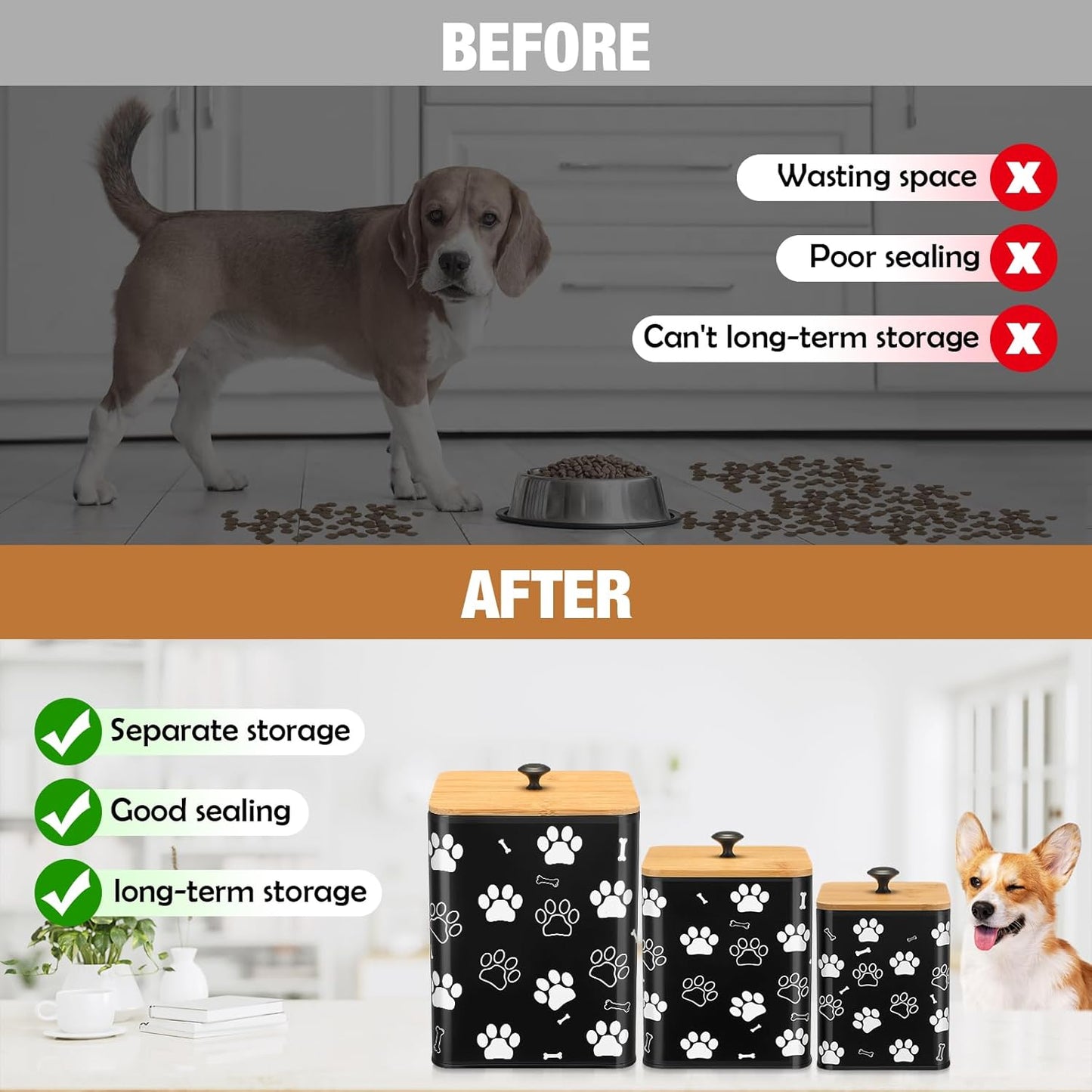 3 Pack Airtight Dog Food Containers with Bamboo Lids, Metal Dog Treat Jars Canisters for Kibble, Biscuits, Snacks, Cookies, Pet Food Storage Set for Kitchen Counter(Black)