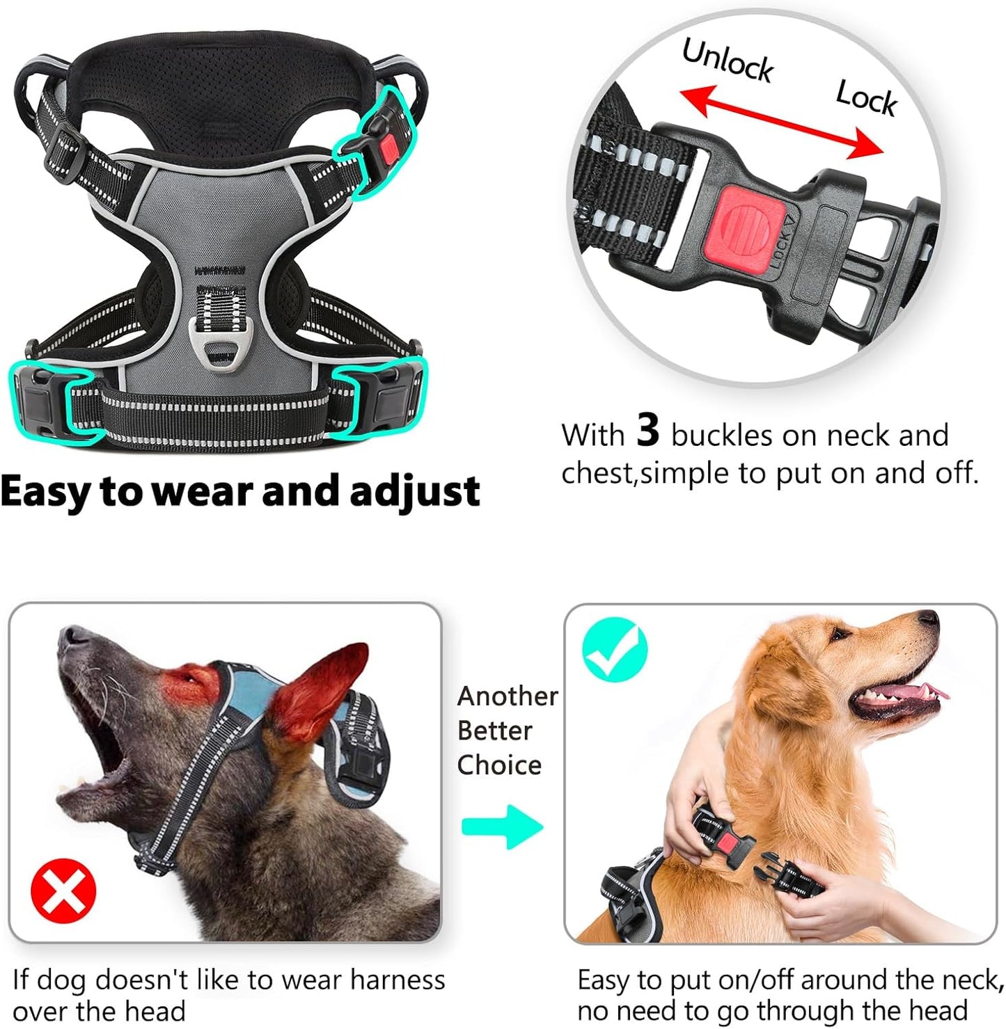Timos Dog Harness Small Sized, No Pull with Neck Lockable Snap,No Choke Front Clip Dog Reflective Harness,Adjustable Metal Rings 3 Buckles,Easy Control Handle for Small Dogs Gray S
