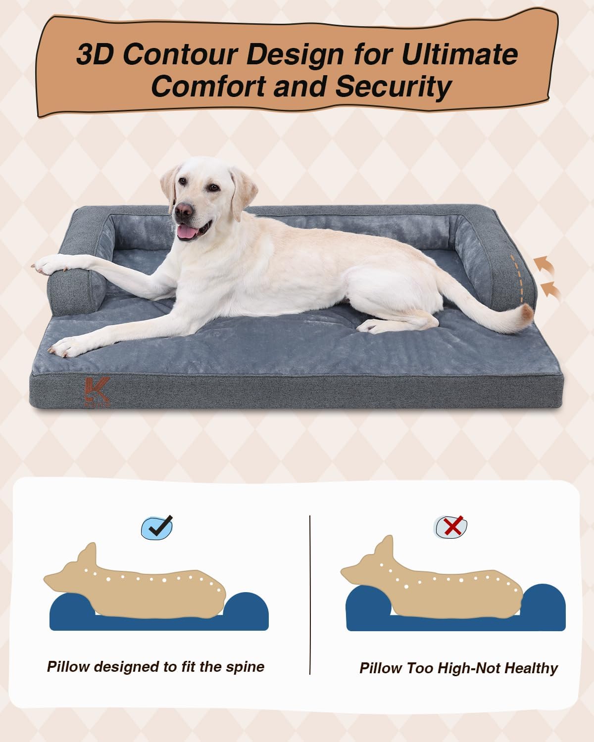 KSIIA Orthopedic Dog Bed for Extra Large Dog，Washable Pet Sofa with U-Shaped Bolster Removable Waterproof Cover Non-Slip Bottom and Egg-Crate Orthopedic Foam Pet Couch Bed, 47 x 32 Inch, Dark Gray