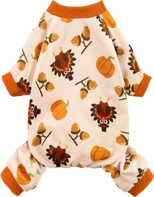 Fitwarm Thanksgiving Turkey Dog Pajamas, Funny Dog Winter Clothes for Small Dogs Girl Boy, Pet Jumpsuit, Cat Onesie with Feet, Lightweight Velvet, Orange, XL