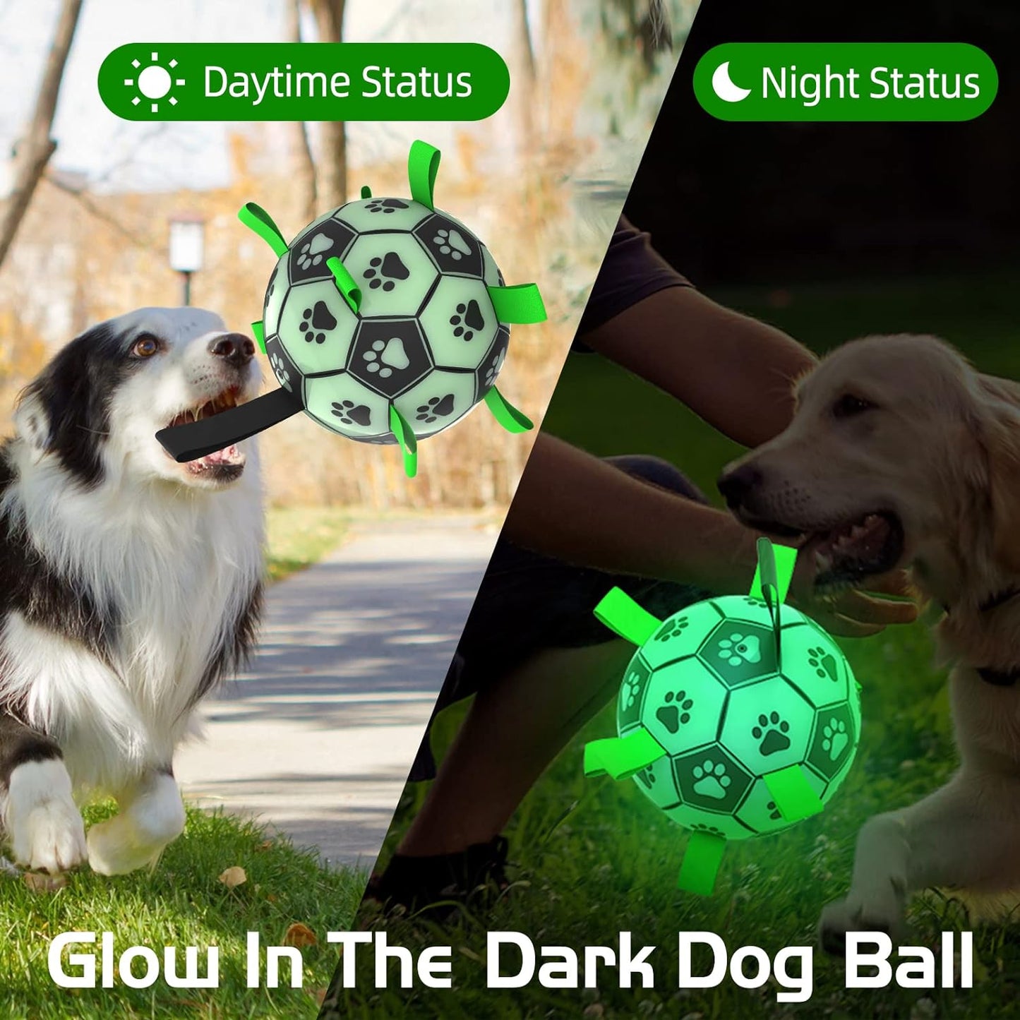 QDAN Glow in The Dark Dog Toys Soccer Ball with Straps - Light Up Dog Balls for Large Dogs, Interactive Dog Toys with Strap for Tug of War,Puppy Birthday Gifts (8 Inch)
