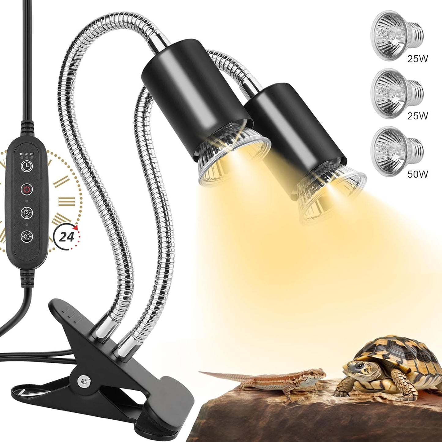 Reptile Heat Lamp, Dual-Head UVA UVB Reptile Light, Heating Lamp with Cycle Timer, Heat Lamp for Reptiles Bearded Dragon Turtle Crab Snake Lizard, Separate Control, 3 Basking Bulbs Light