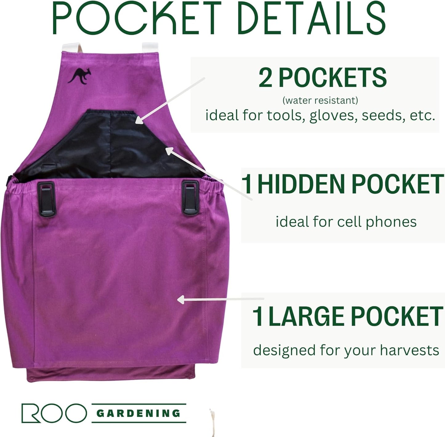 Roo Gardening Apron with Pockets & Harvesting, Picking Pouch - Adjustable, Water-resistant, Washable Canvas Cotton