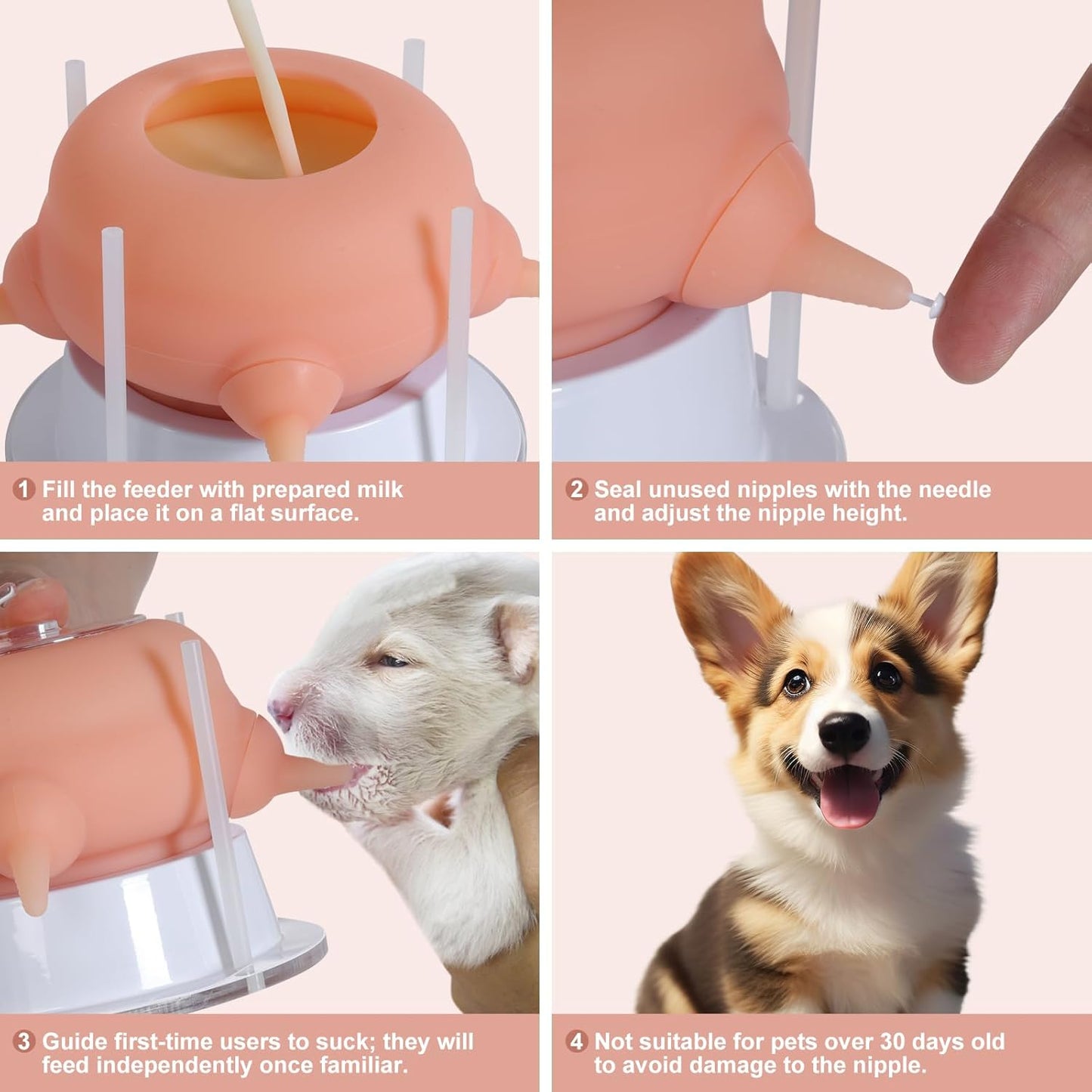 Nursing Nipple Puppy Feeders for Multiple Puppies, 200ml Food-Grade Silicone with 4 Adjustable Detachable Nipples, Smooth Flow Nipple for Kitten Bottle Feeding Kit(Pink)