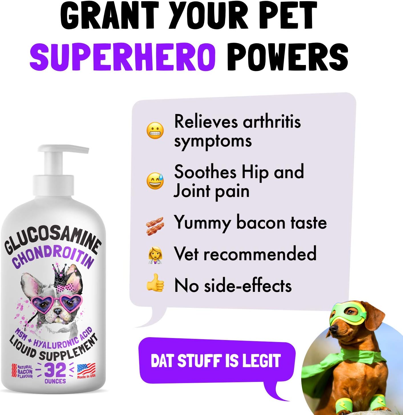 Liquid Glucosamine for Dogs Bacon Flavour Chondroitin, MSM & Hyaluronic Acid K9 Supplement Hip and Joint Formula Advanced Mobility Joint Pain Relief Senior Advanced Supplement for All Breeds 32 oz