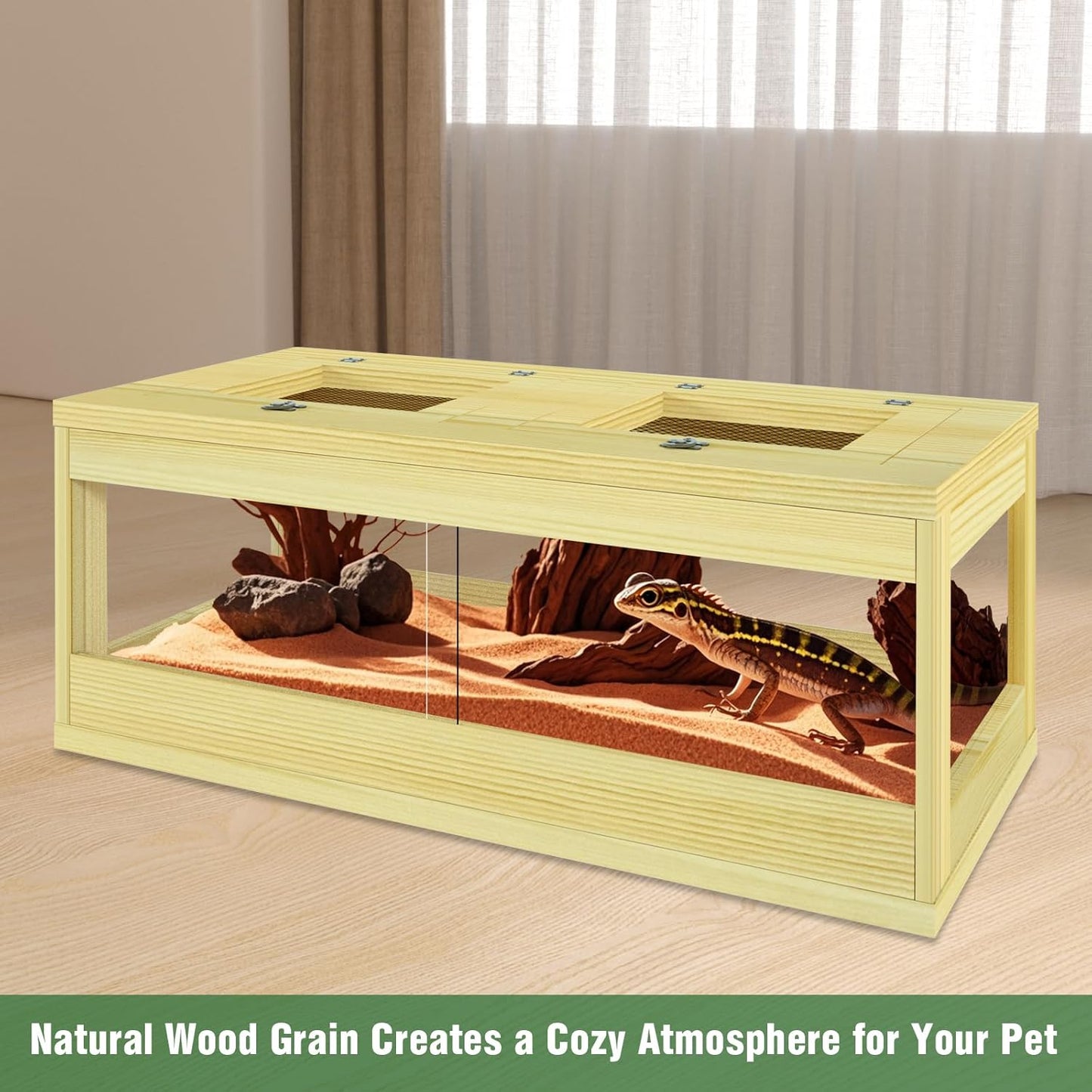 32 Gallon Reptile Tank, Solid Wood Bearded Dragon Tank, Front Opening Snake Enclosure, Lockable Sliding Doors, Small Reptile Terrarium for Lizard, Leopard Gecko, 36" x 18" x 12"