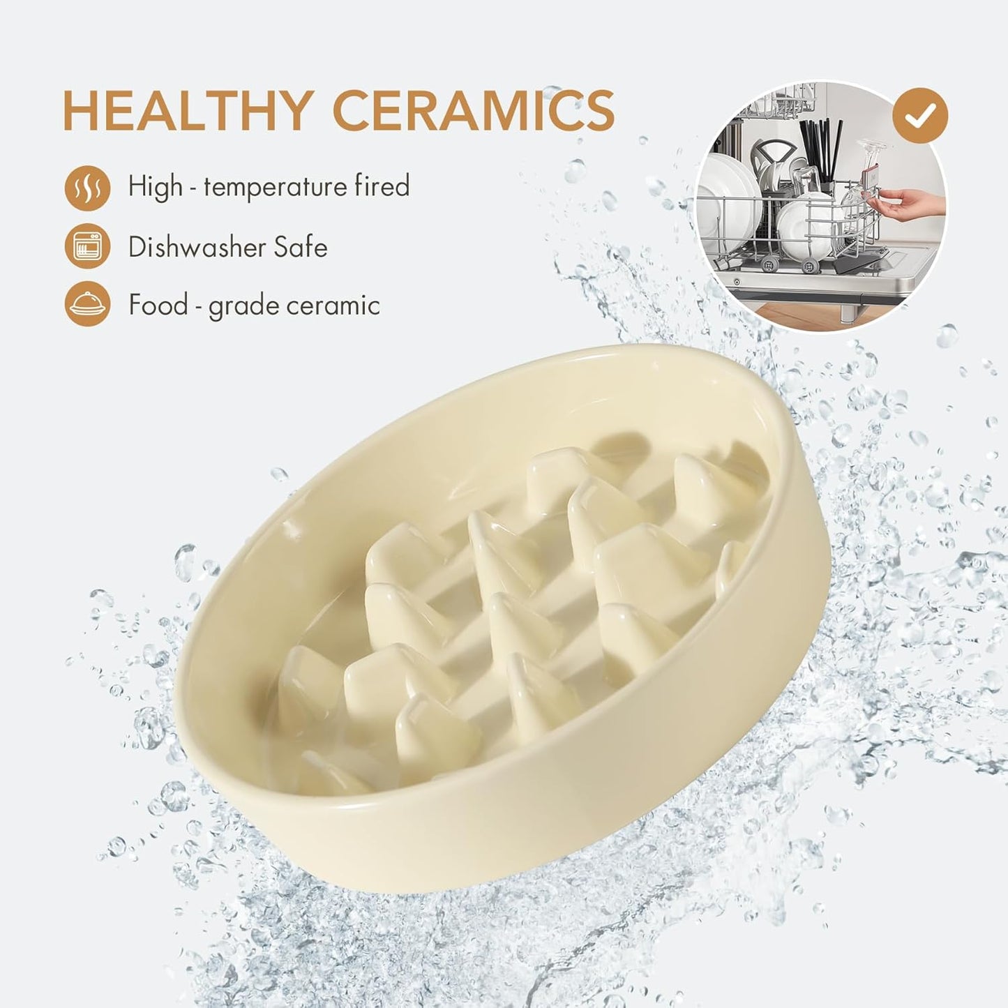 Ceramic Raised Slow Feeder Dog Bowl Set, Elevated 8.2inch Bowl and 9.5inch Slow Pet Food Dish with Wooden Stand for Large Dog (2 x Beige+ Stand)